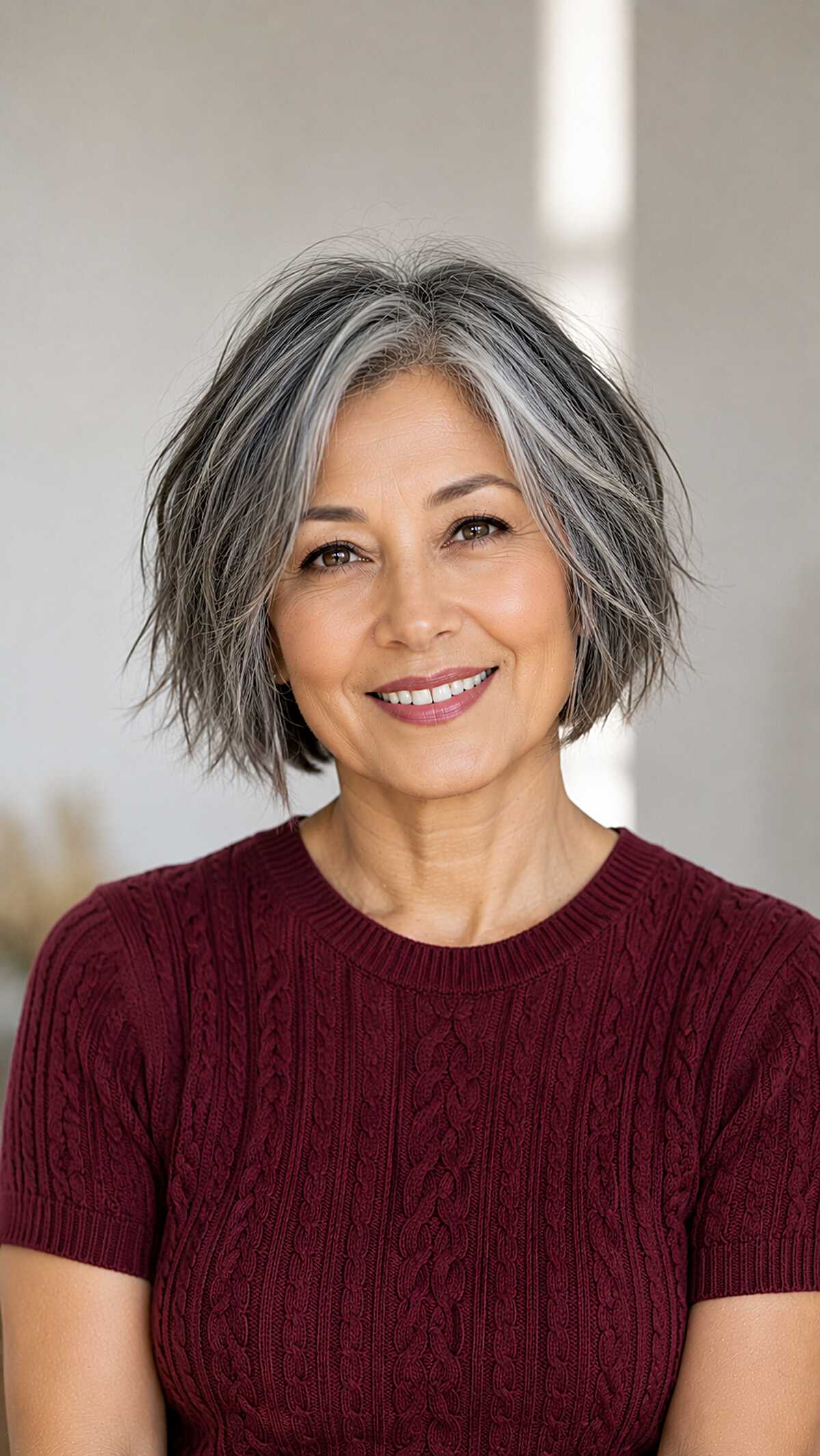 Textured Chin-Length Bob with Natural Gray Streaking