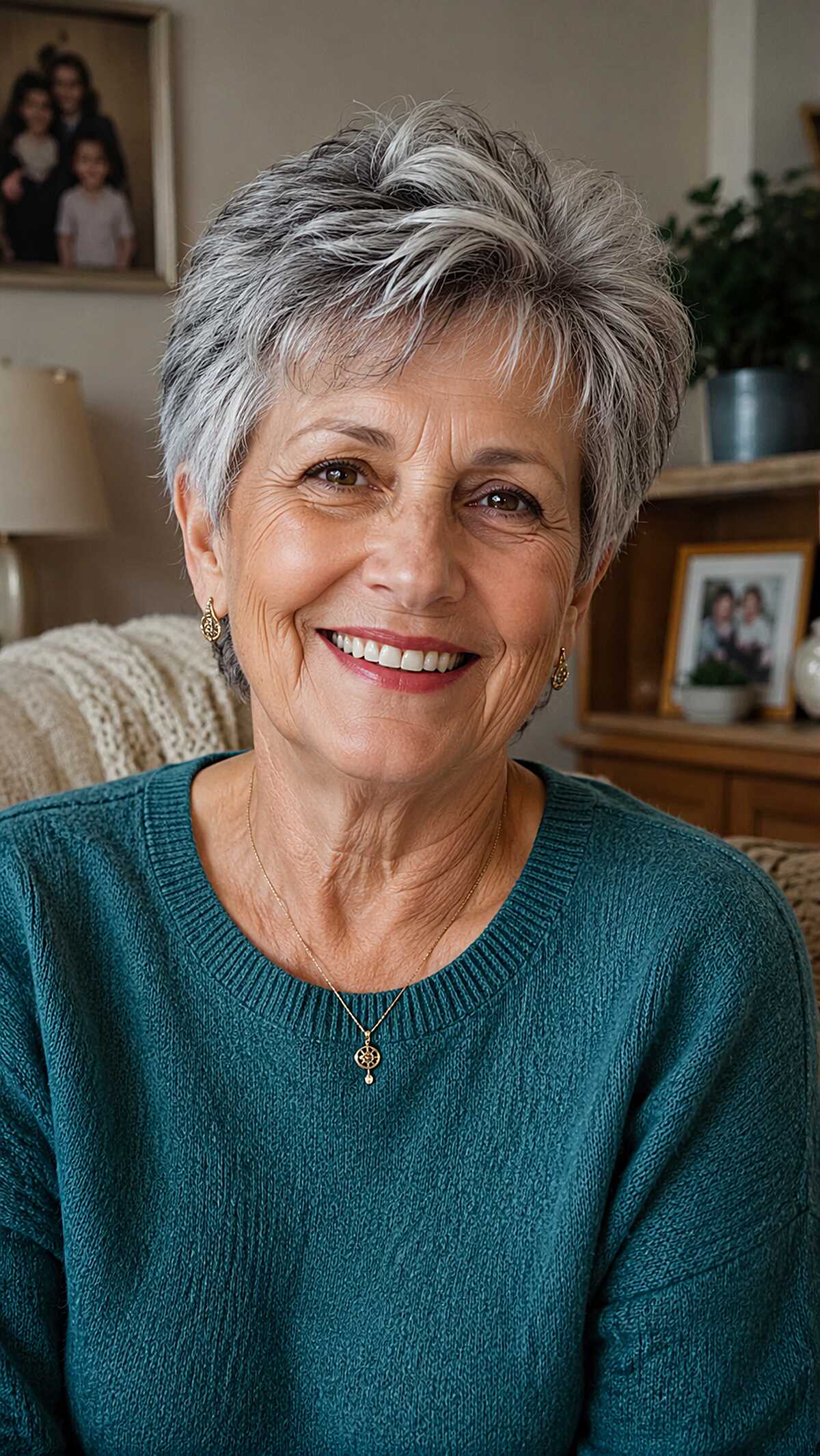 Salt-and-pepper textured crop with wispy bangs