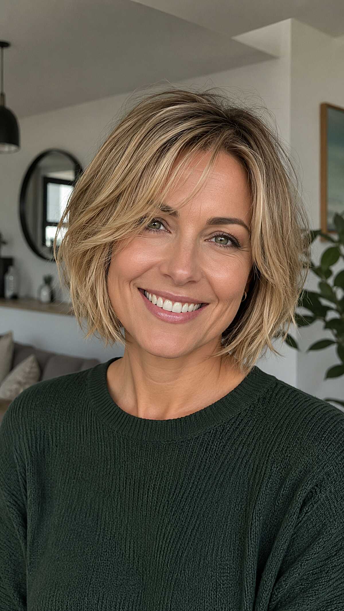 Layered sandy blonde frayed bob with side-swept fringe