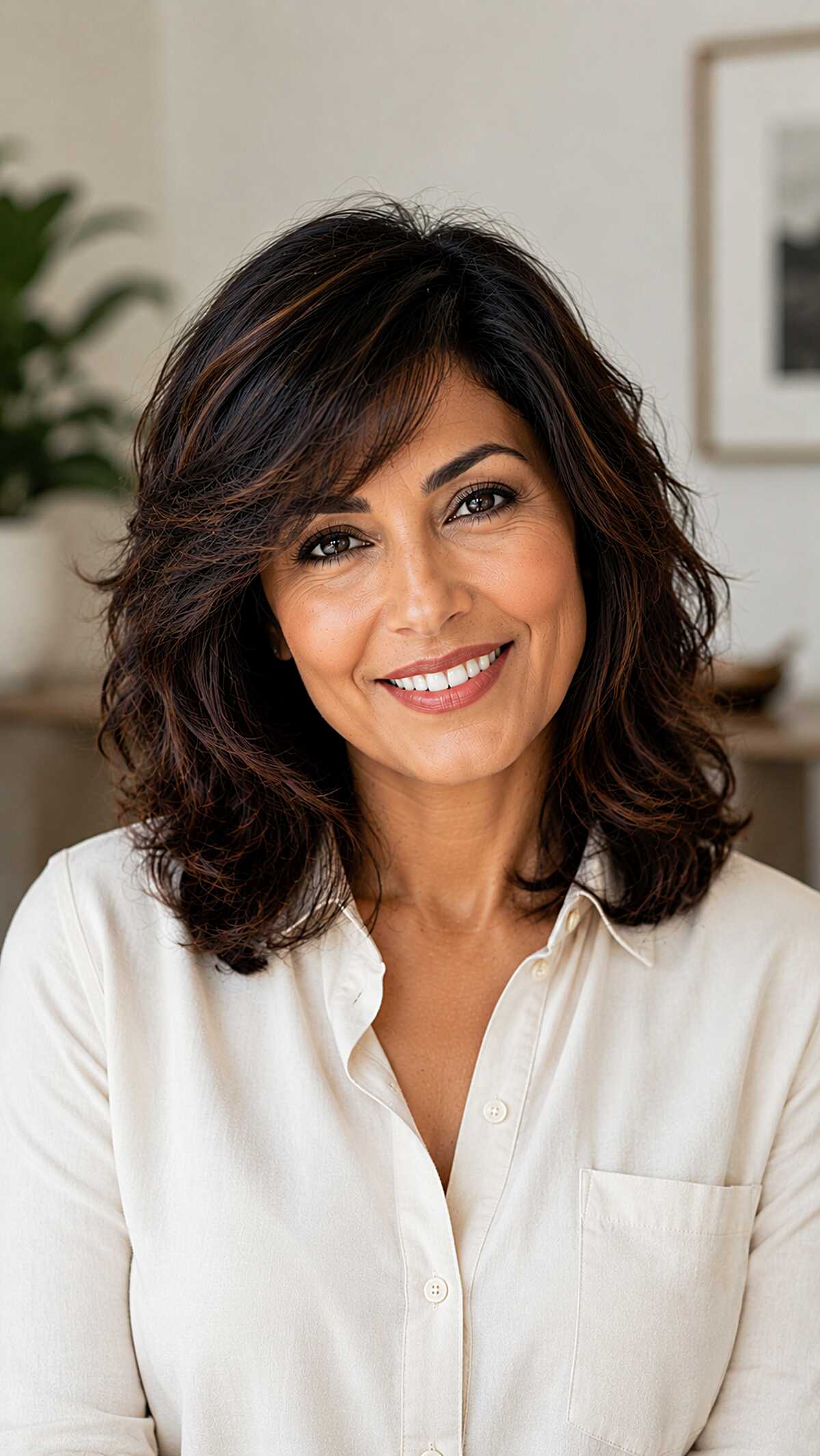 Shoulder-Length Dark Waves with Feathered Side Bangs