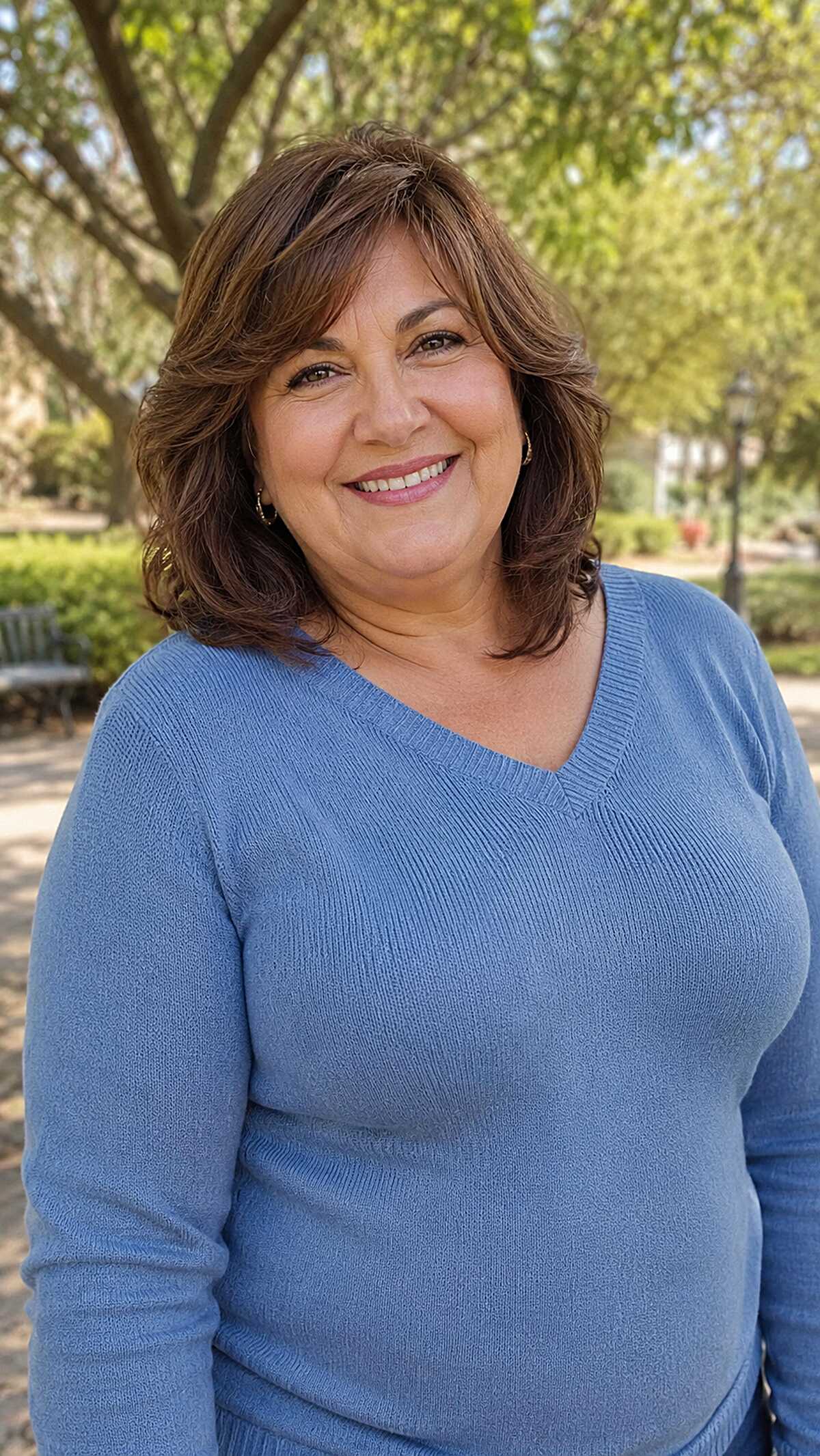 Shoulder-Skimming Brunette Layers with Soft Bangs and Flipped Body
