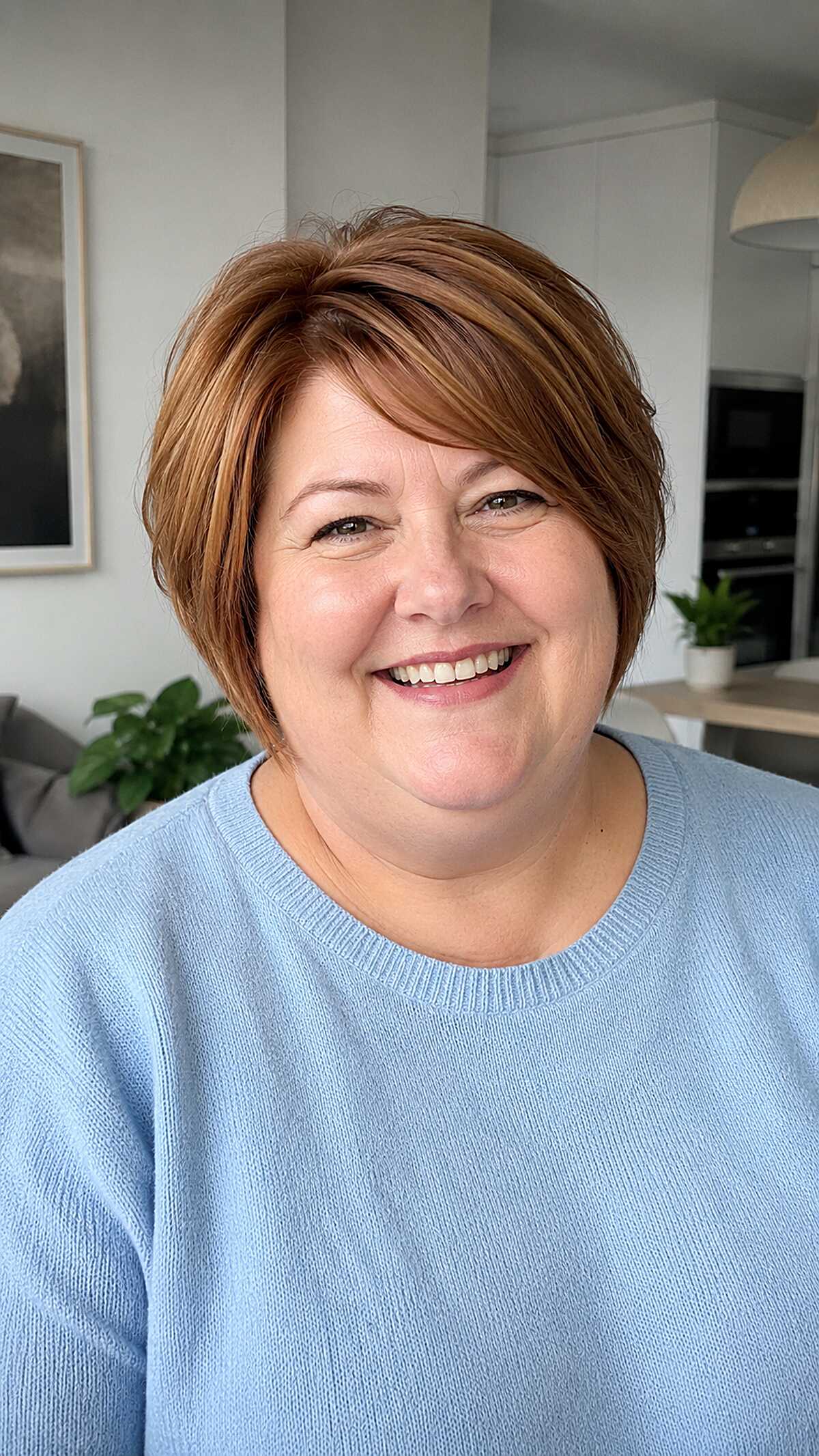 Side-swept copper bob with golden highlights on round face