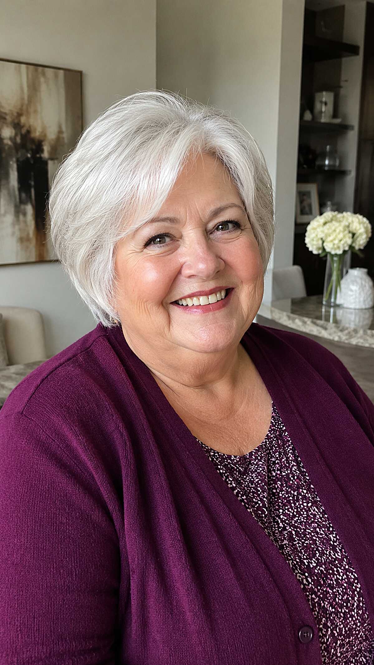 Side-swept white short bob with subtle volume