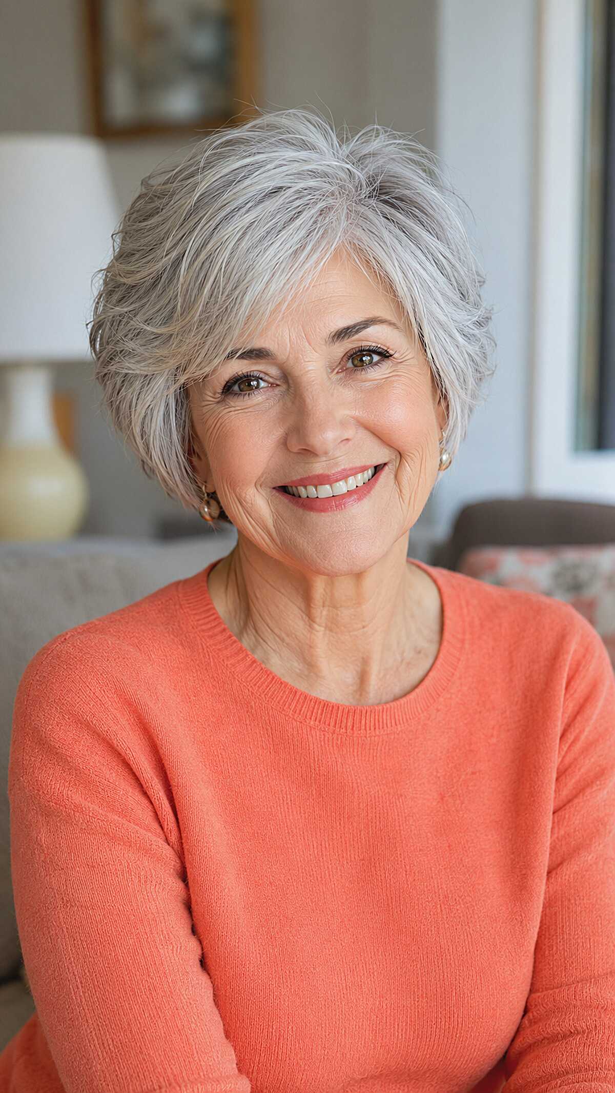 Silver feathered short bob with softly flipped ends