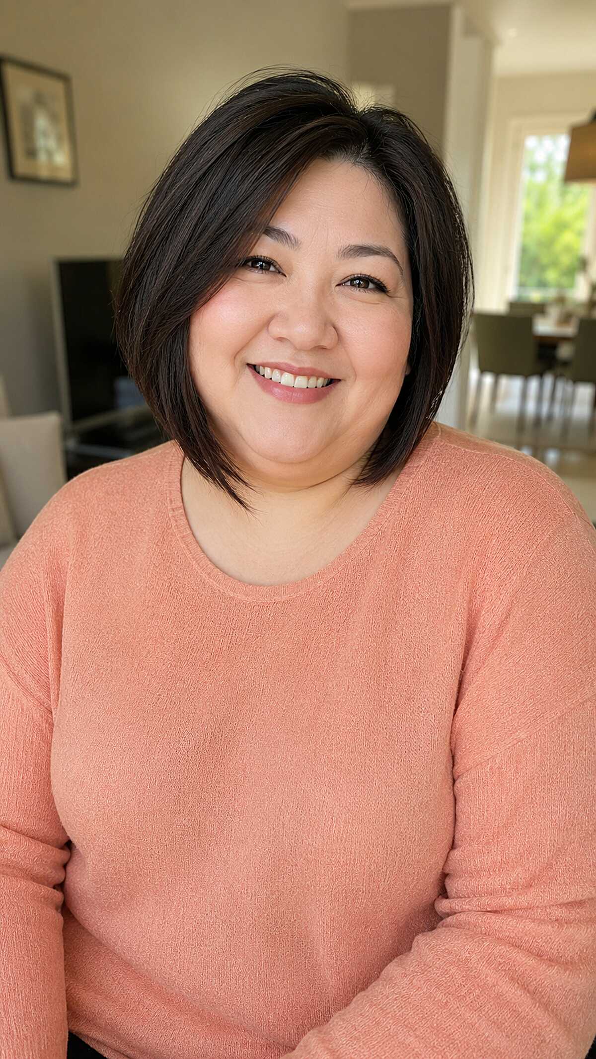 Sleek asymmetrical black bob with side part on round face