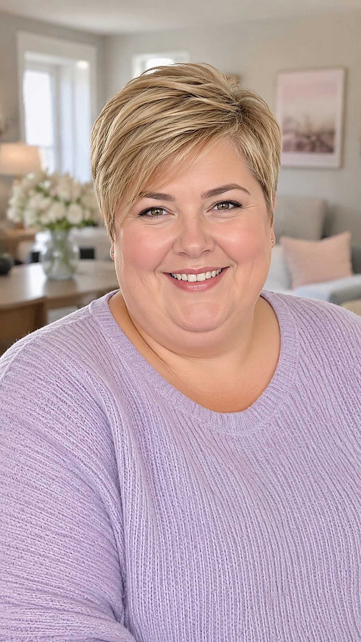 Sleek honey blonde pixie cut with swept fringe on round face