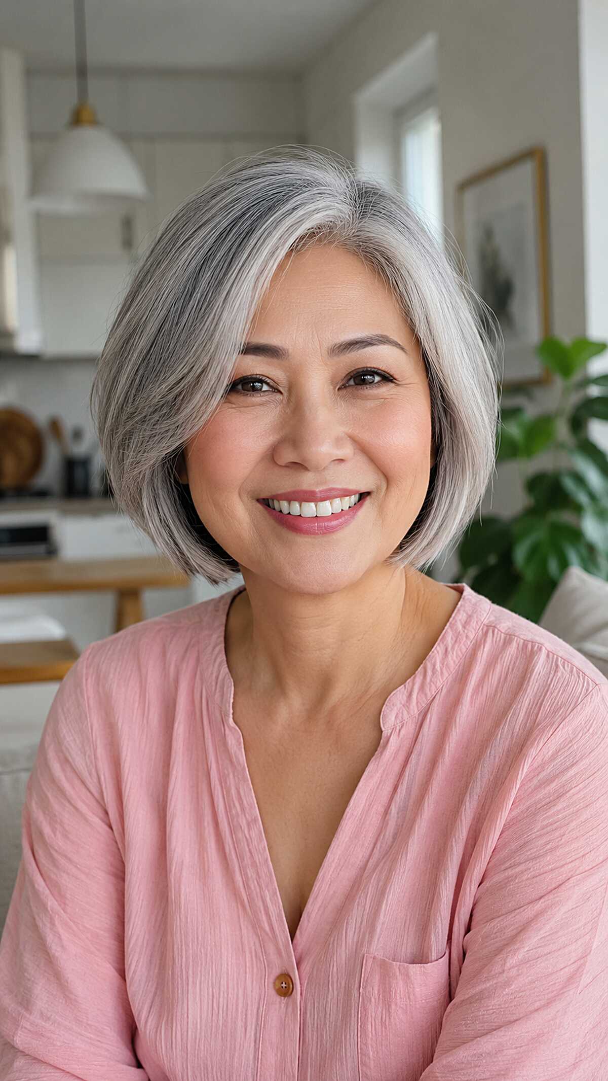 Sleek side-parted silver bob on medium texture