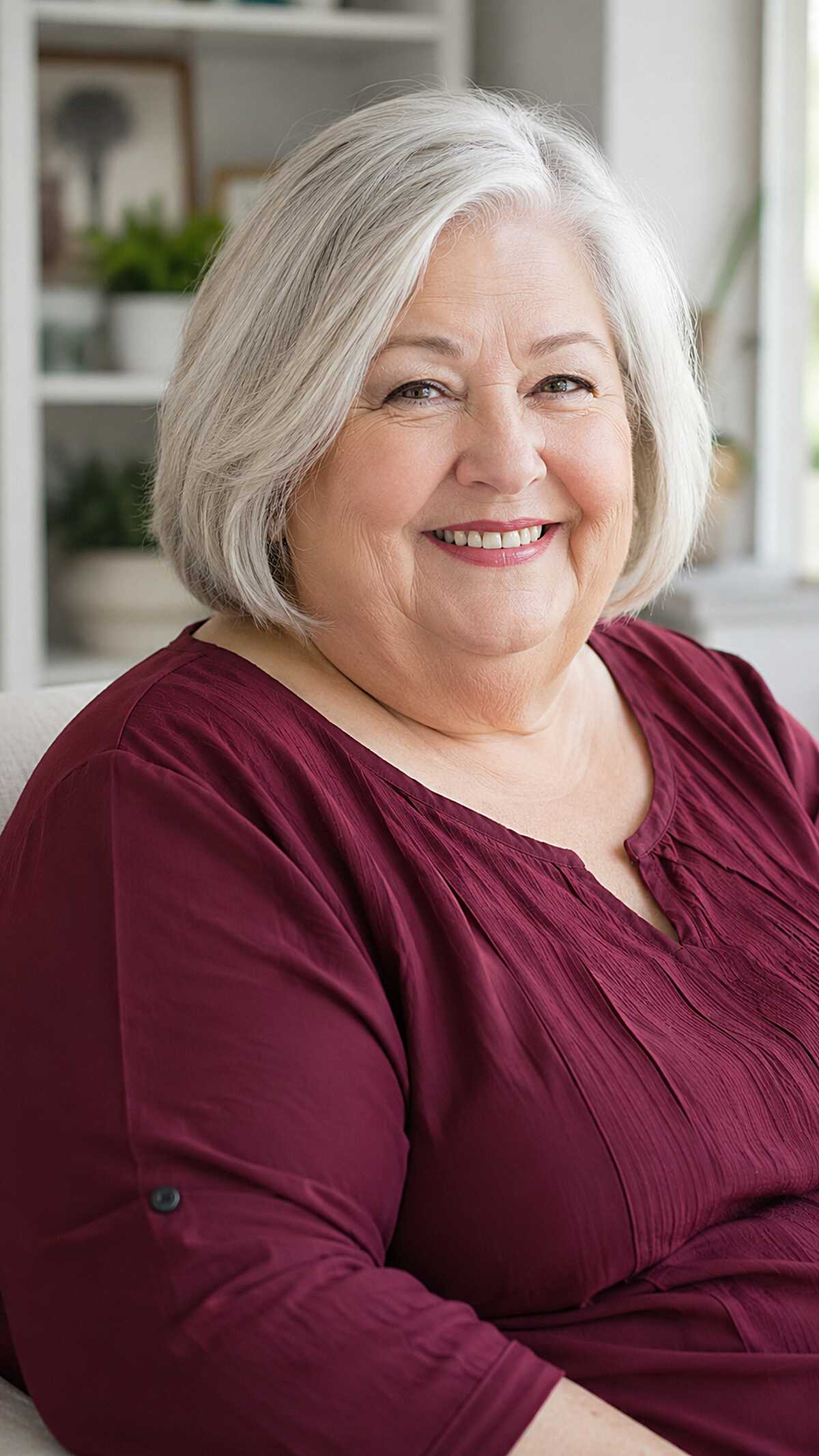 Sleek silver chin-length bob with smooth finish