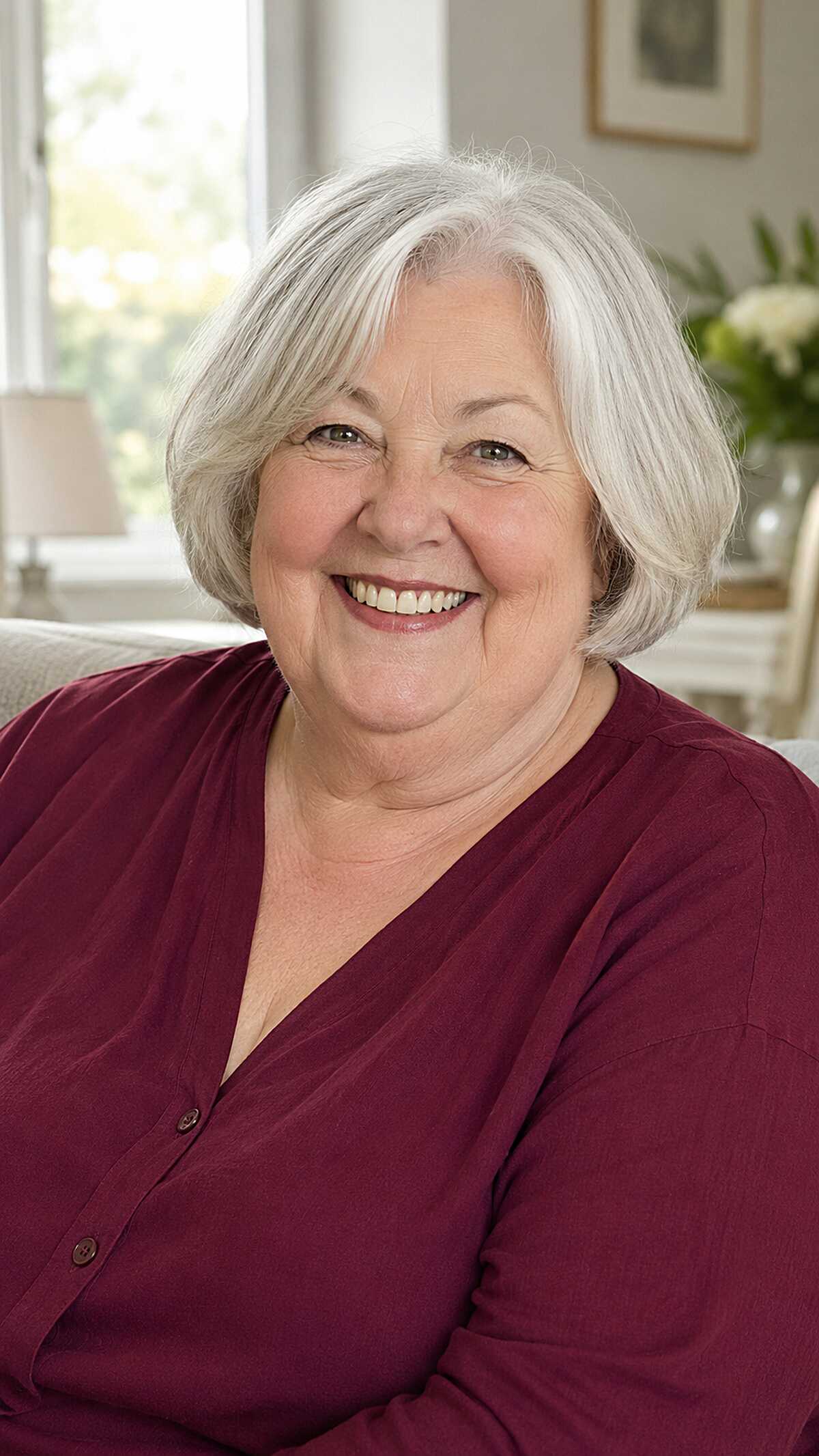Smooth silver chin-length bob with tucked-under ends