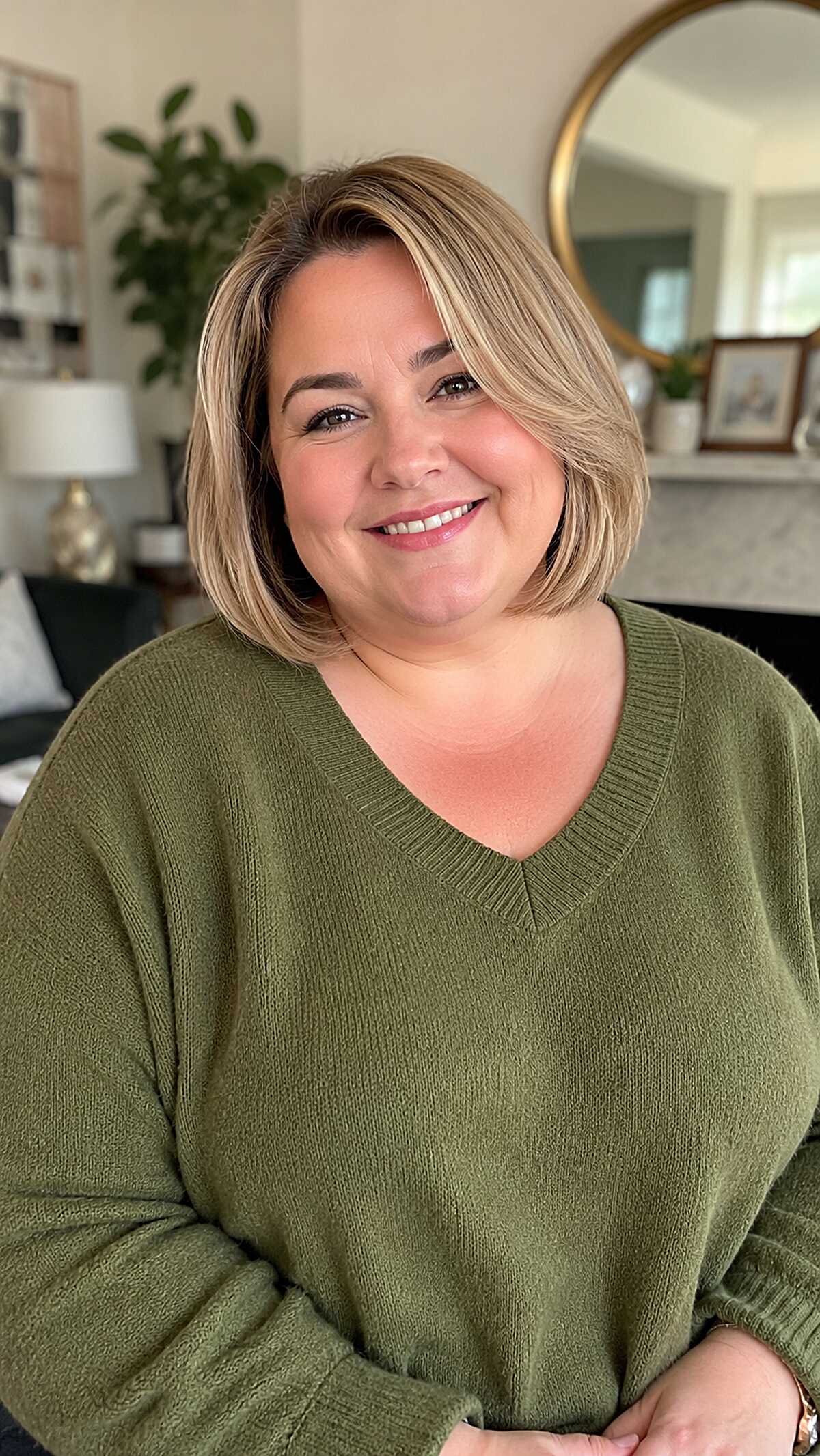 Soft blonde chin-length bob with side-swept styling