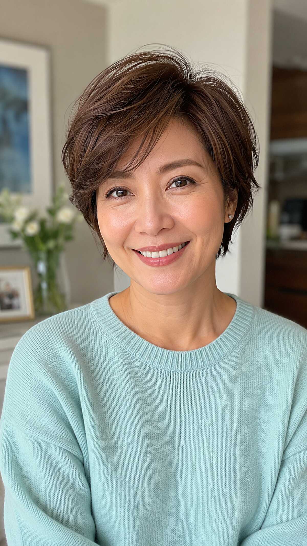 Soft Brunette Bixie with Swept Volume at Crown