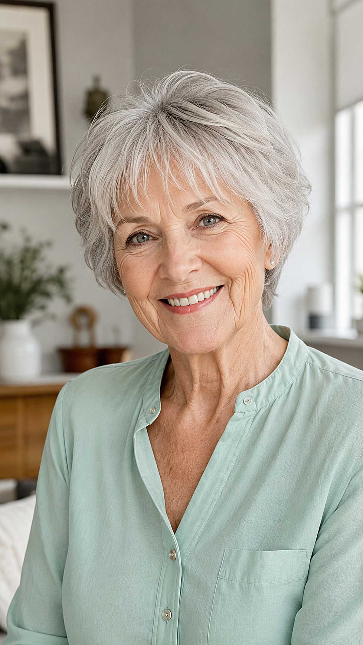 Soft gray layered pixie with longer ear-length sides