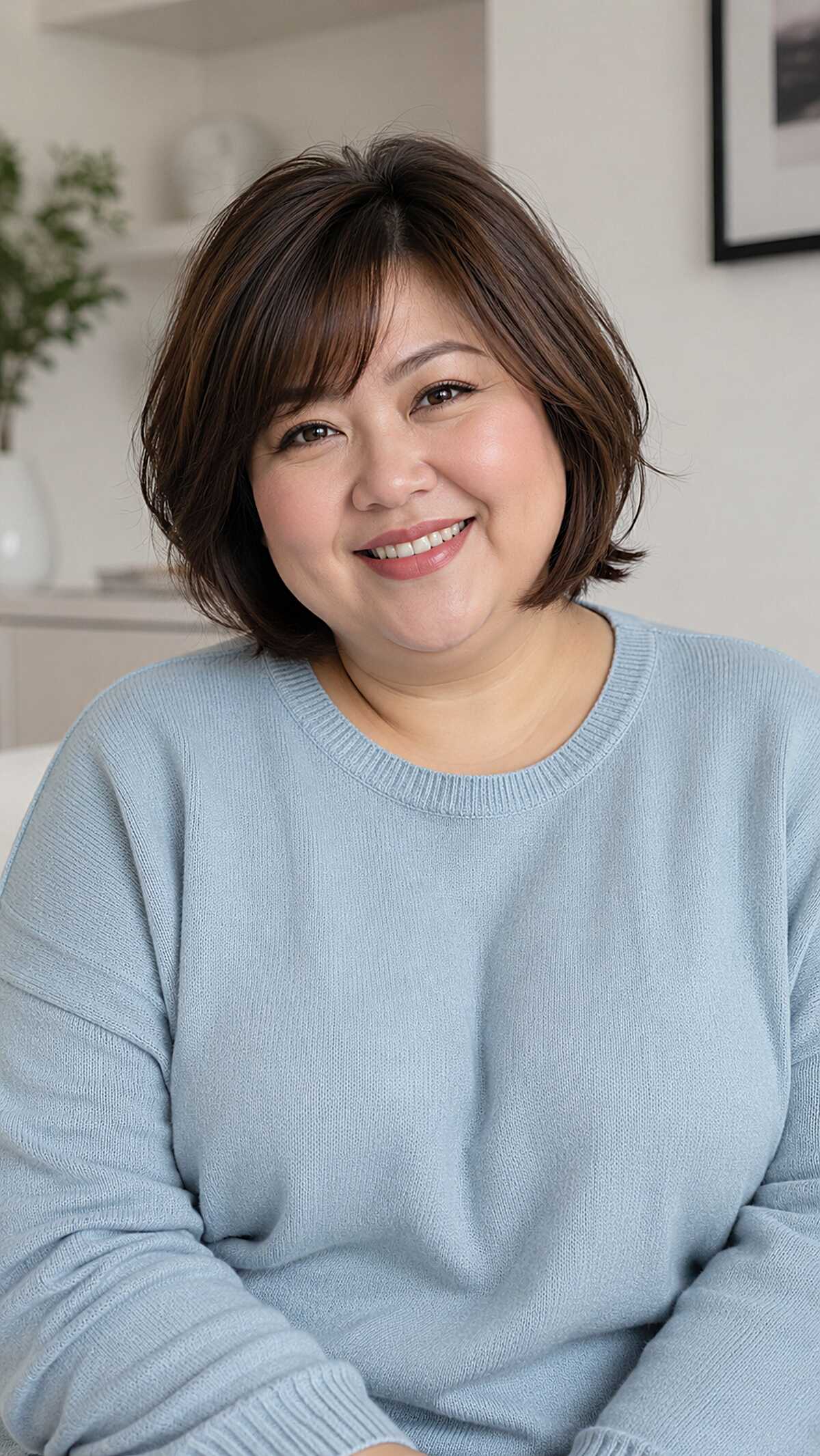 Soft layered dark brunette bob with wispy bangs on round face