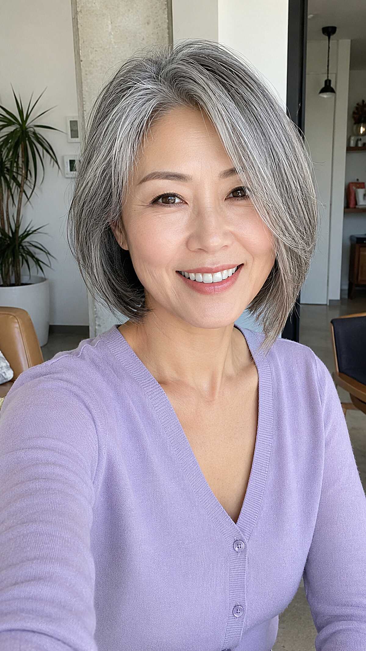 Silver bob with wispy fringe and soft layering