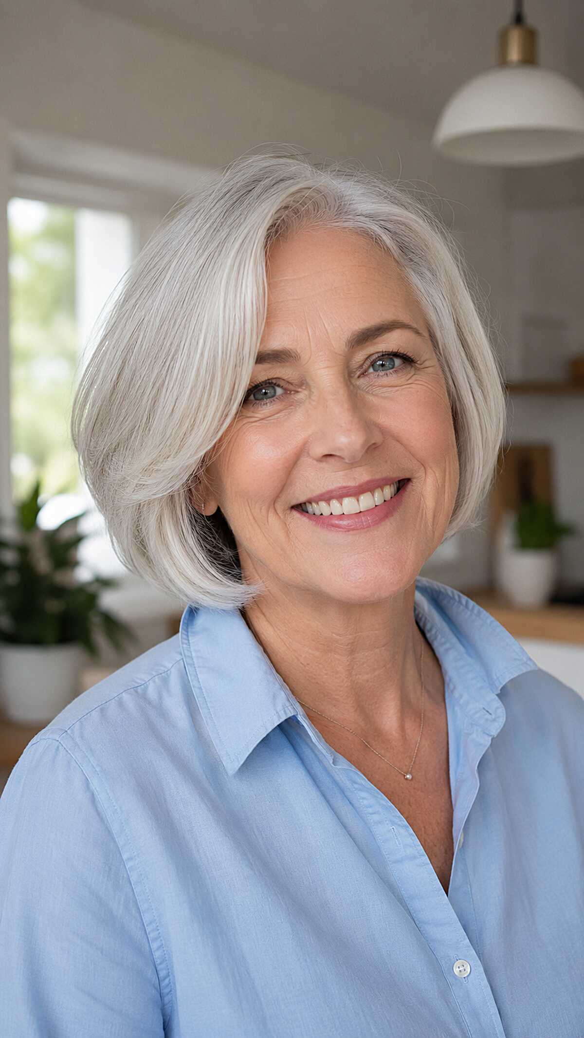 Soft white bob with gently tucked-under ends