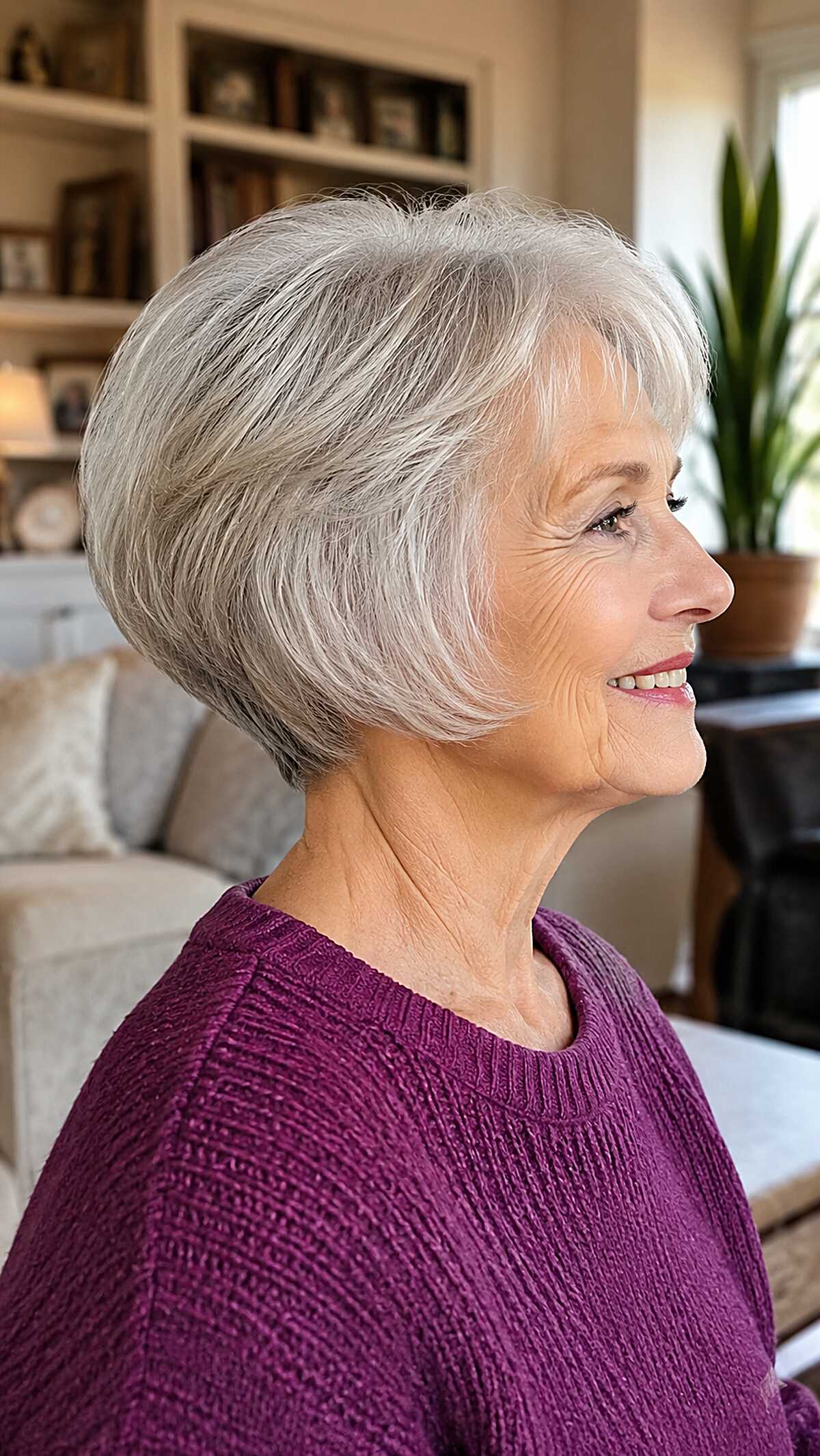 Stacked silver bob with graduated layers, side view
