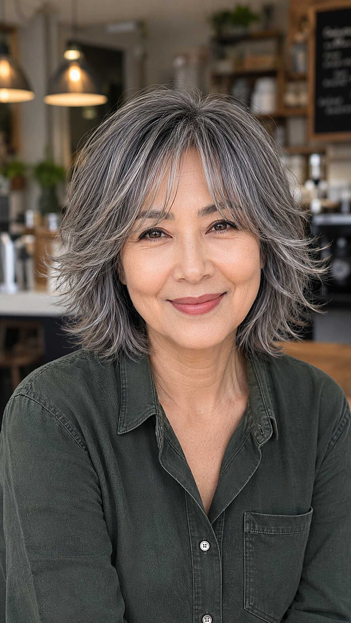 Steel Gray Chin-Length Shag with Razored Movement
