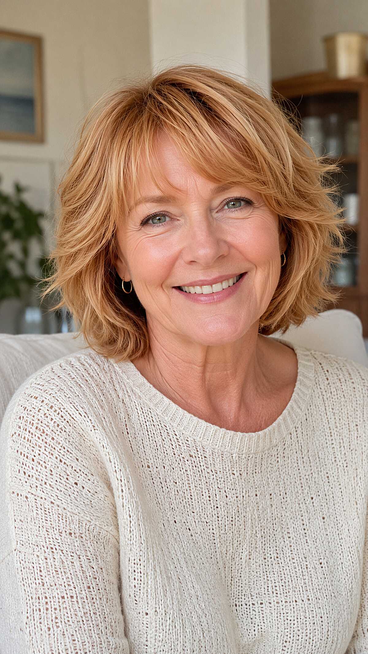 Strawberry blonde frayed bob with flippy textured ends