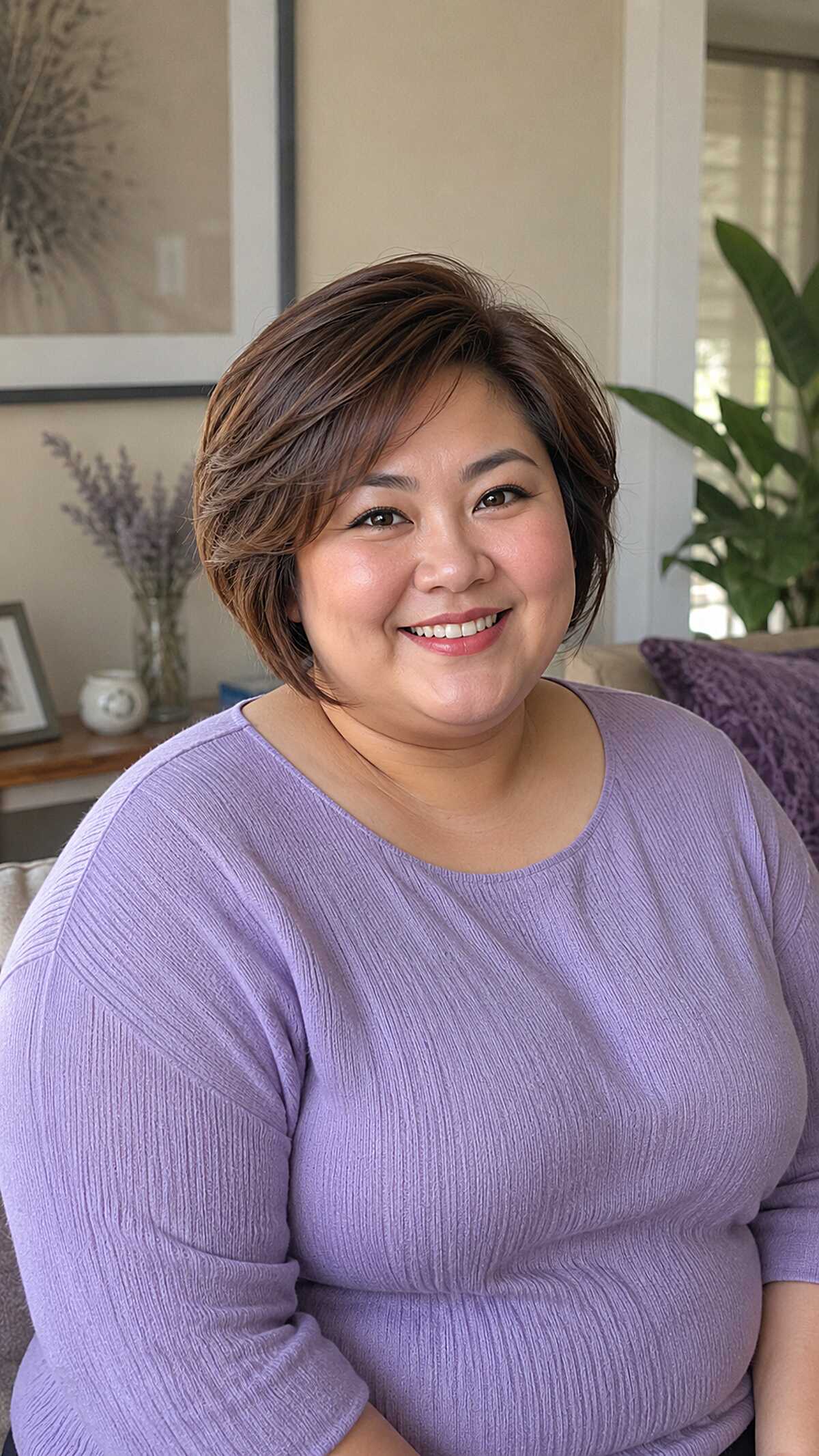 Side-swept layered brown bob with highlights on round face