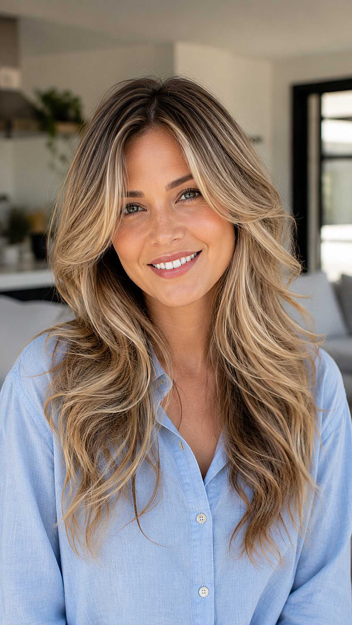 Swept Curtain Layers with Bronde Balayage