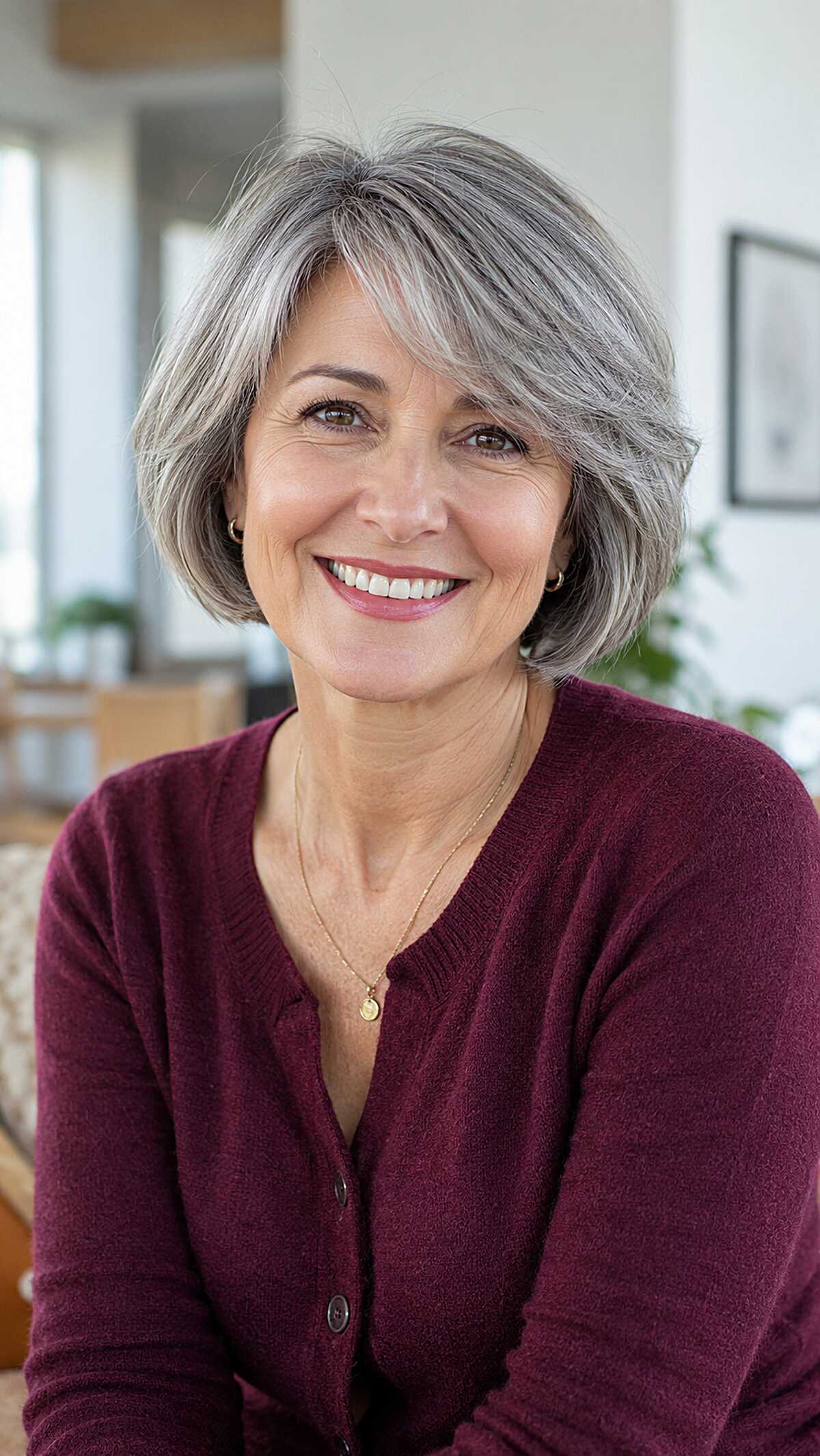 Textured salt and pepper bob with swoopy side bangs