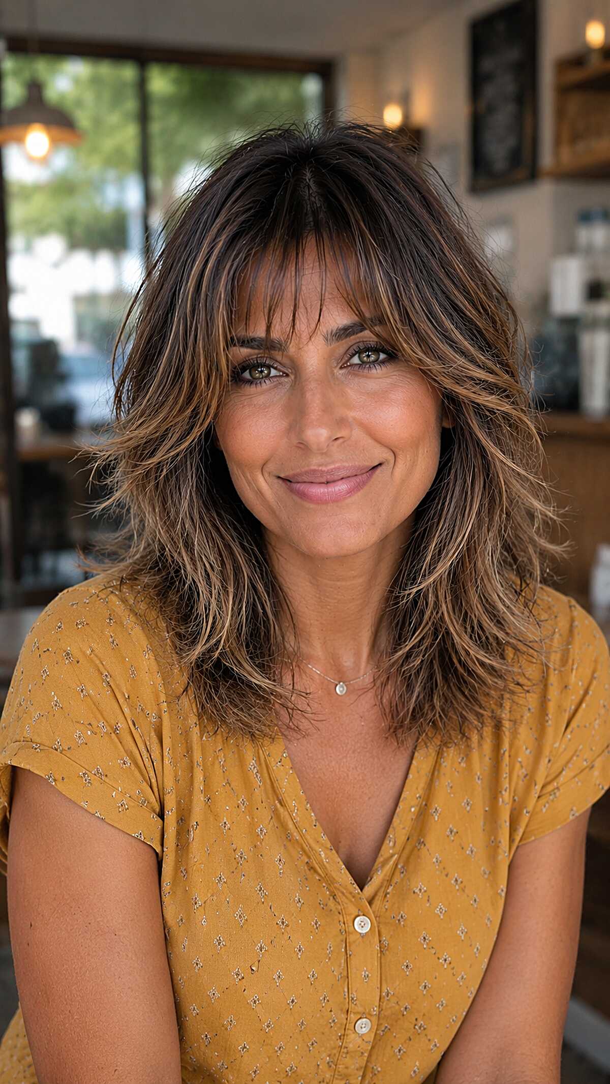 Toffee-Highlighted Collarbone Shag with Razored Fringe