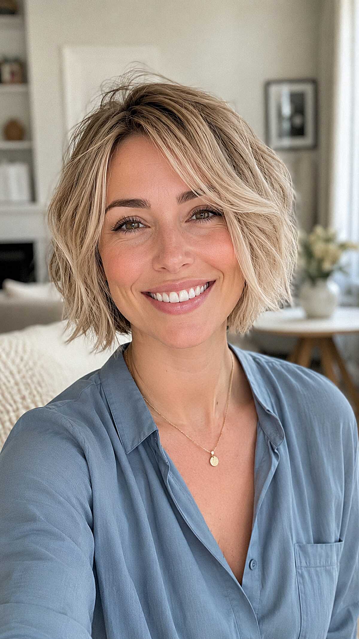 Chin-length tousled blonde frayed bob with dark roots