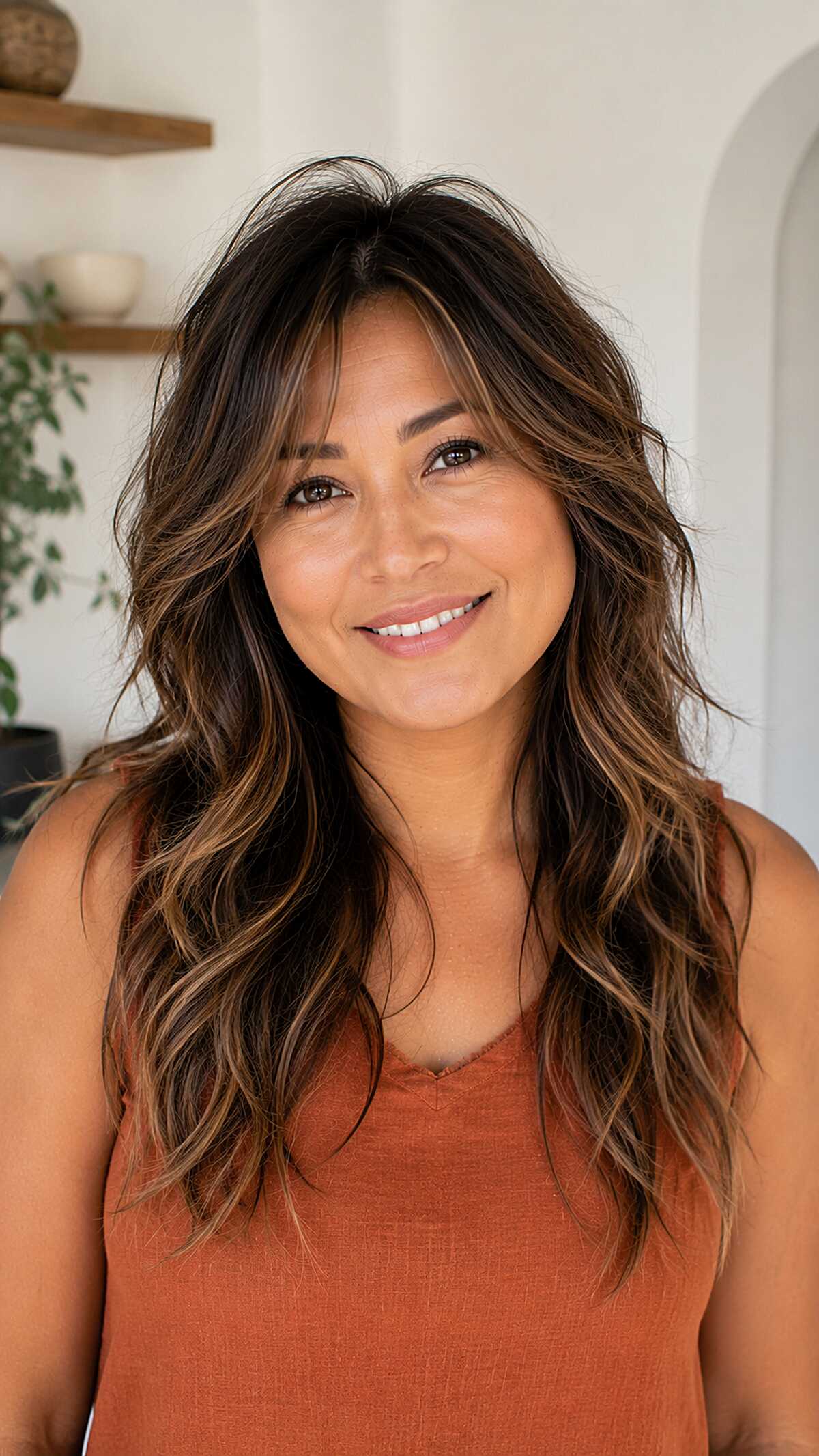 Tousled Caramel-Kissed Layers with Wispy Bangs