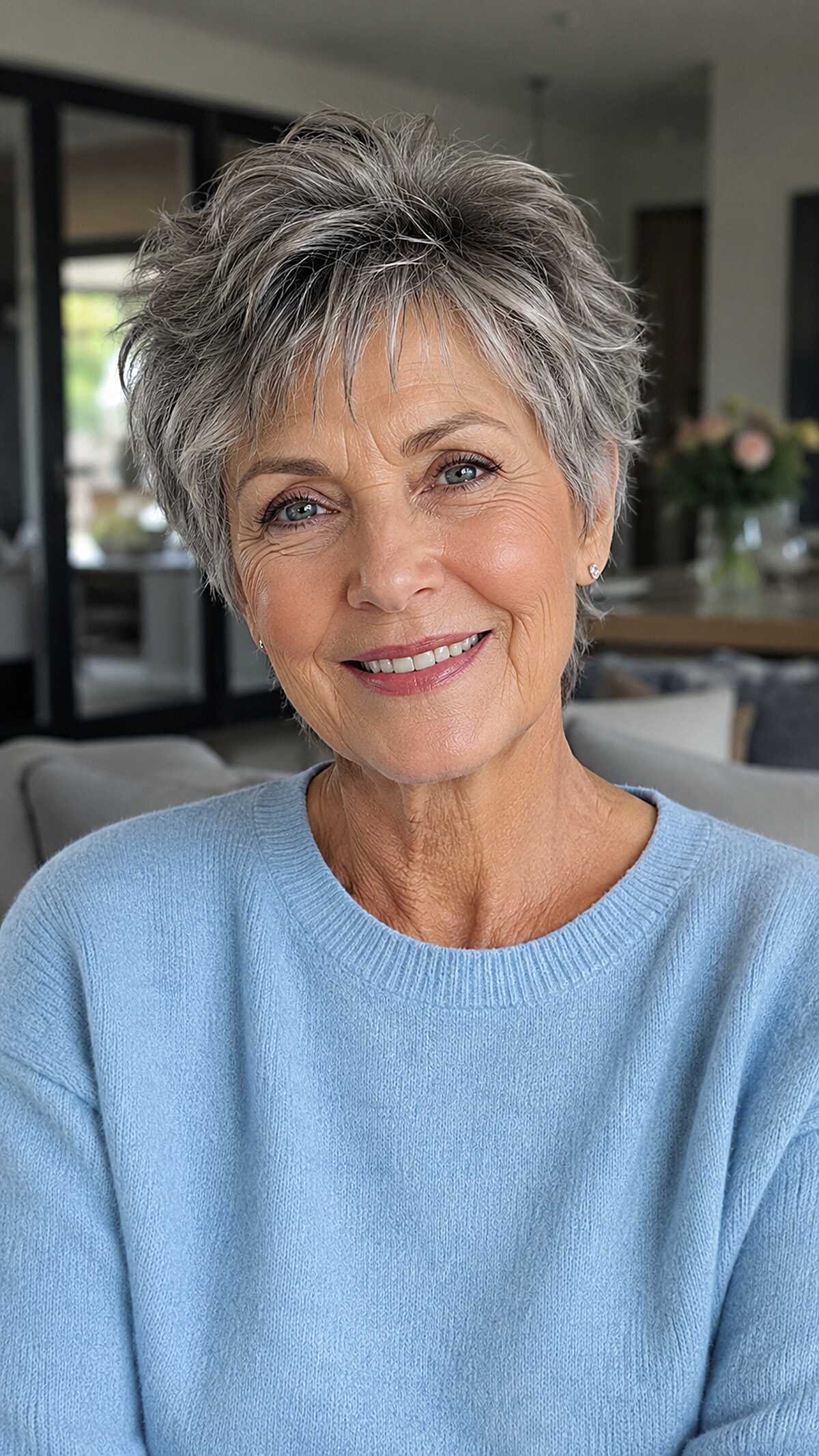 Tousled salt-and-pepper pixie with lifted crown