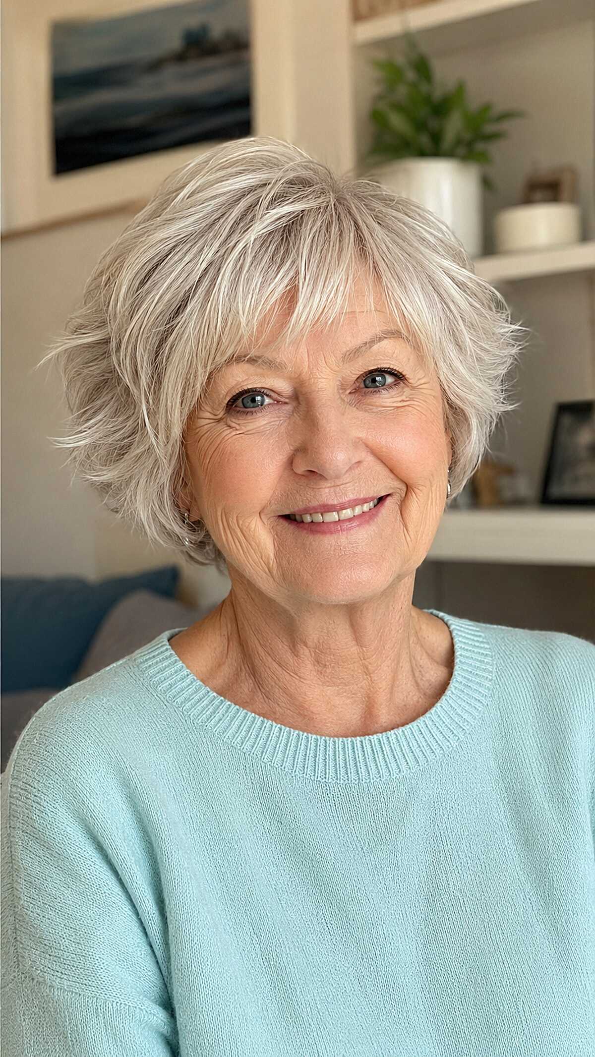 Tousled silver short shag with soft face-framing bangs