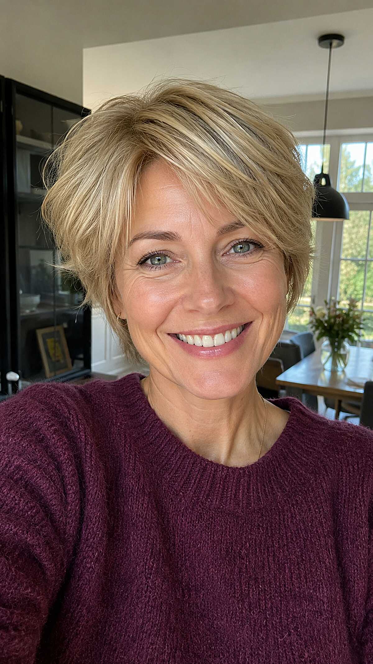 Tousled Warm Blonde Bixie with Layered Fringe