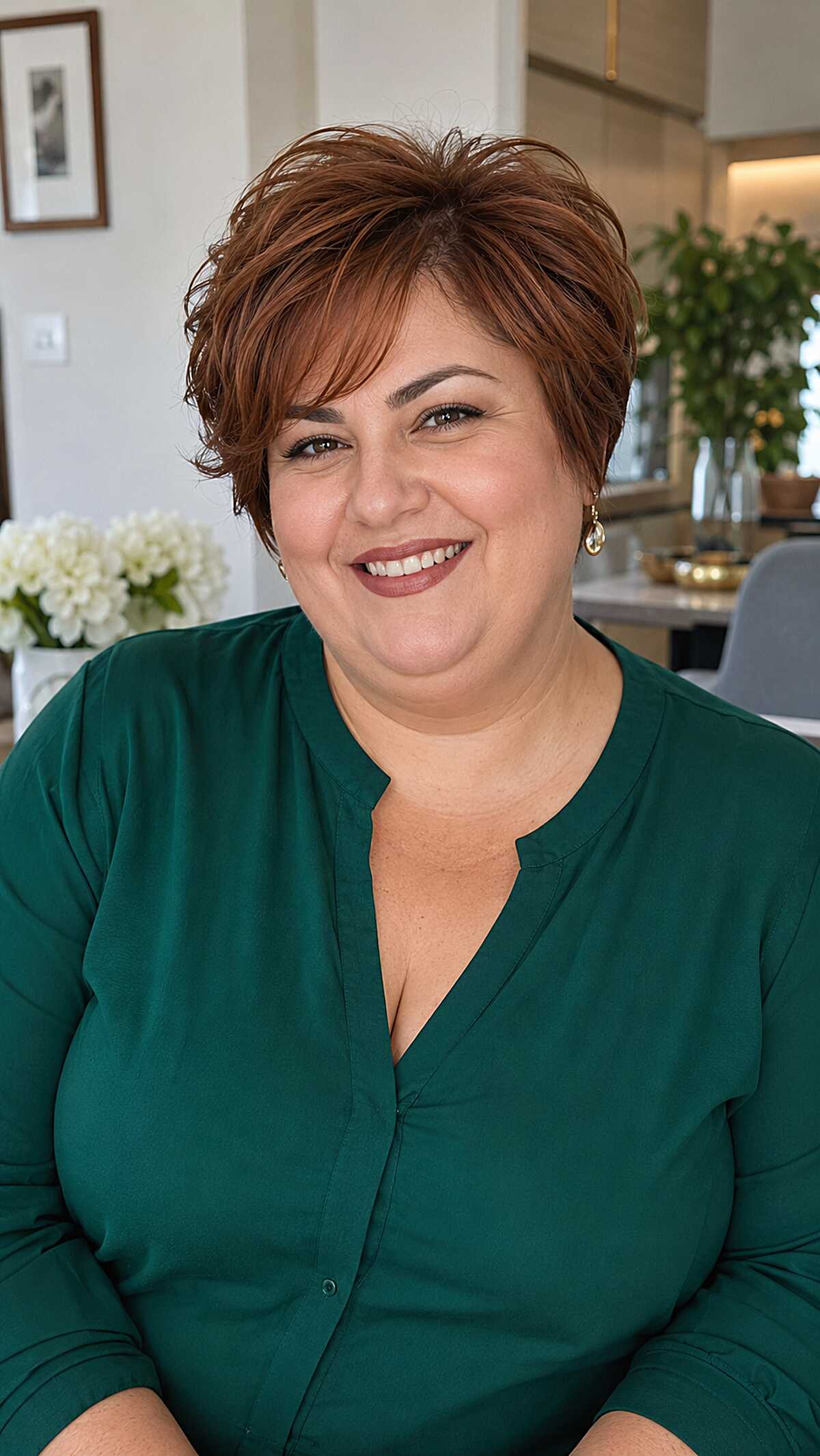 Voluminous copper-toned pixie cut with textured crown lift