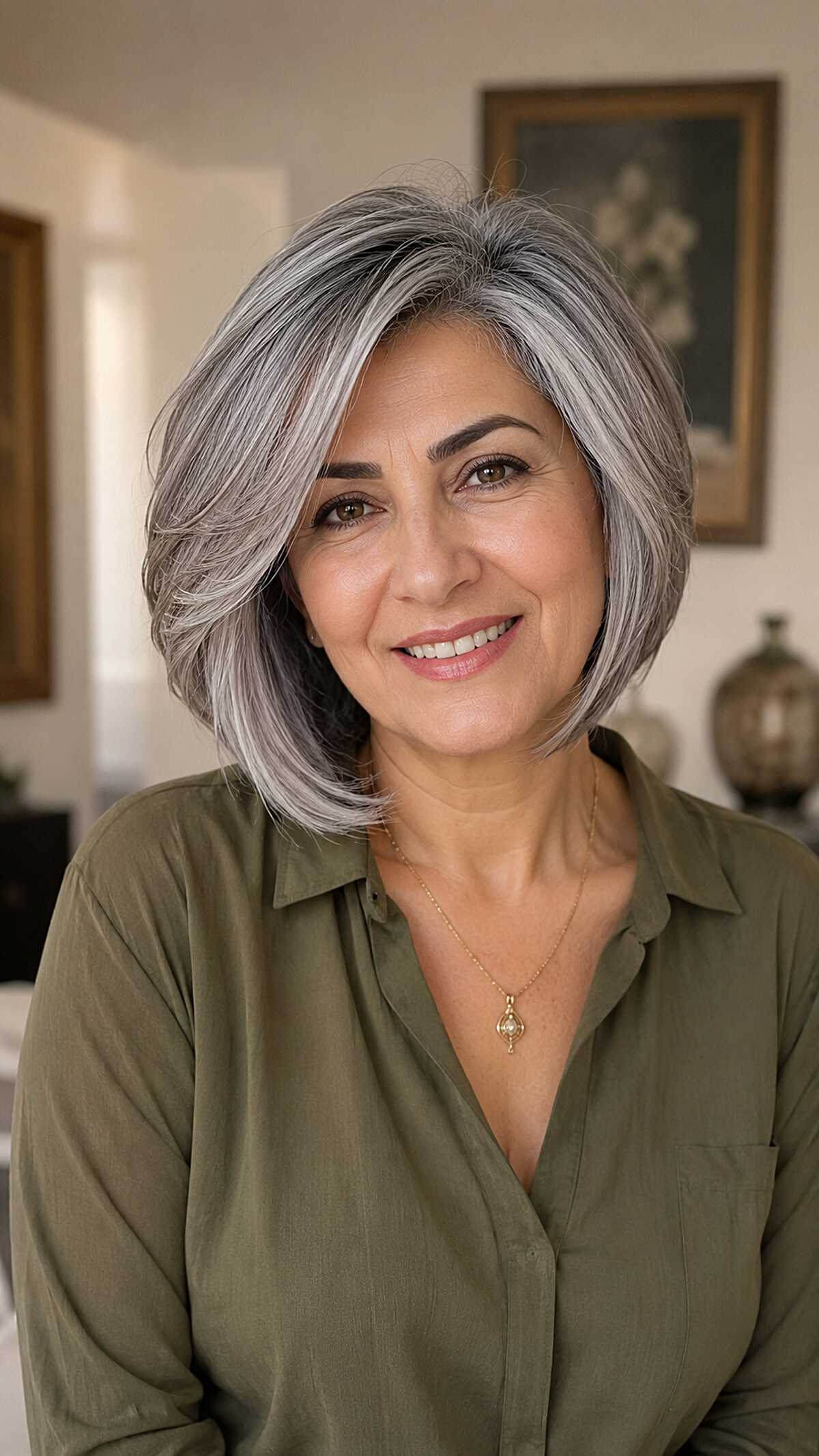 Voluminous silver bob with deep side part