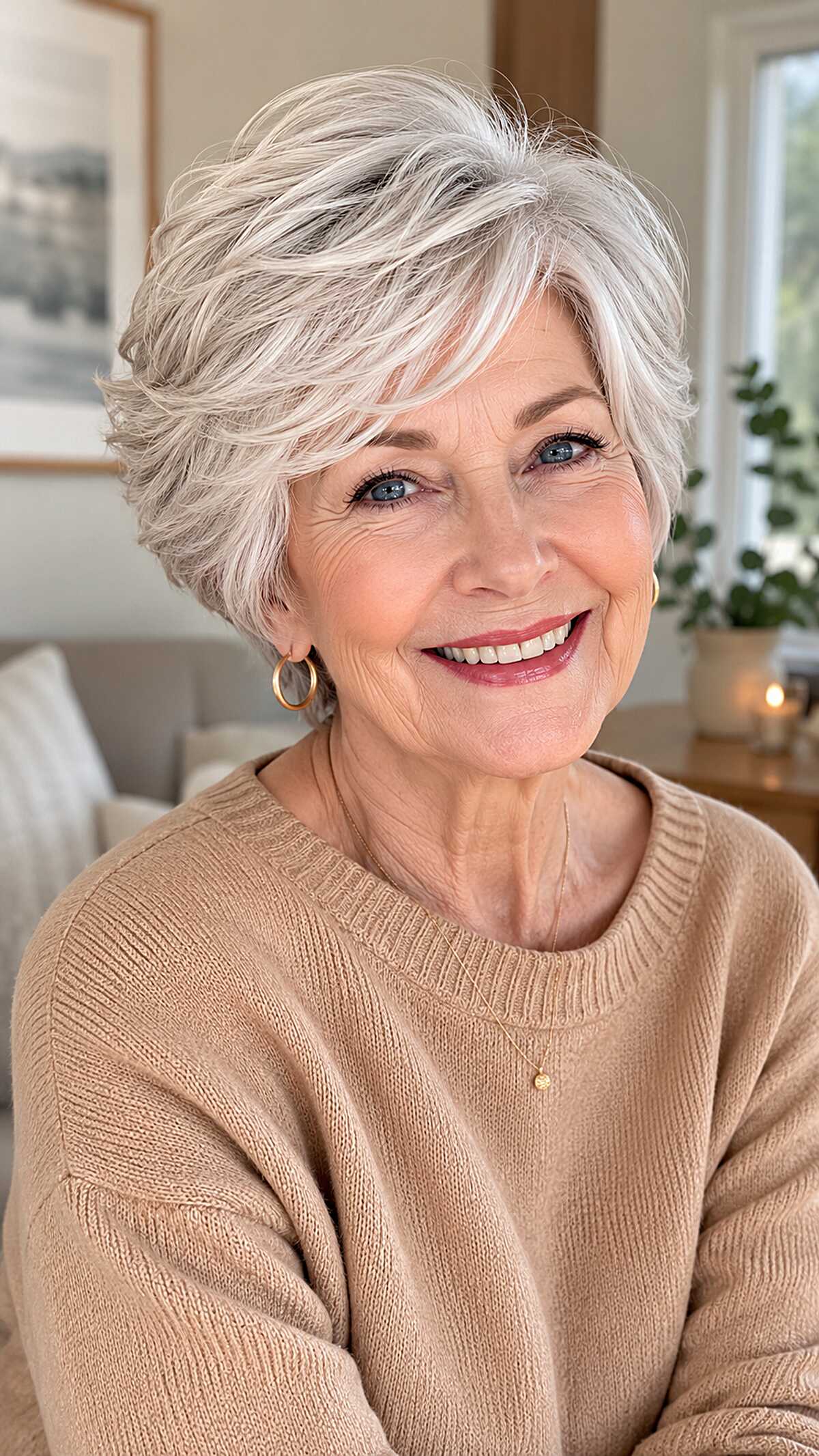 Voluminous silver crop with sweeping side layers