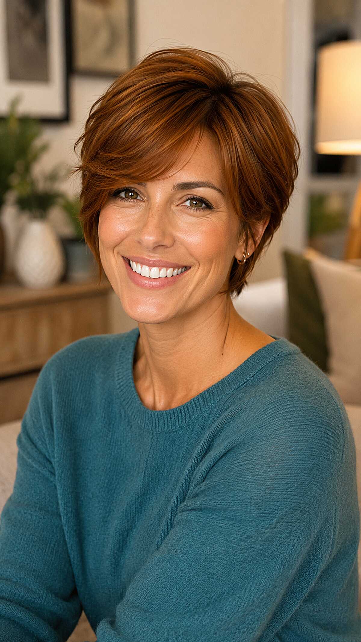 Warm Auburn Bixie Haircut with Lifted Crown Volume