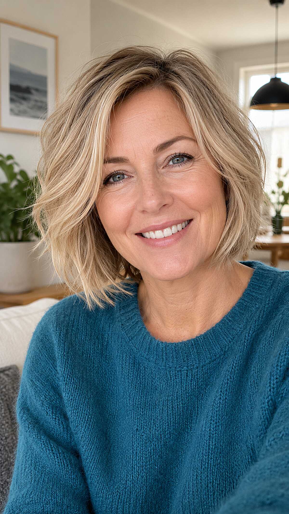 Warm blonde chin-length beachy frayed bob with waves