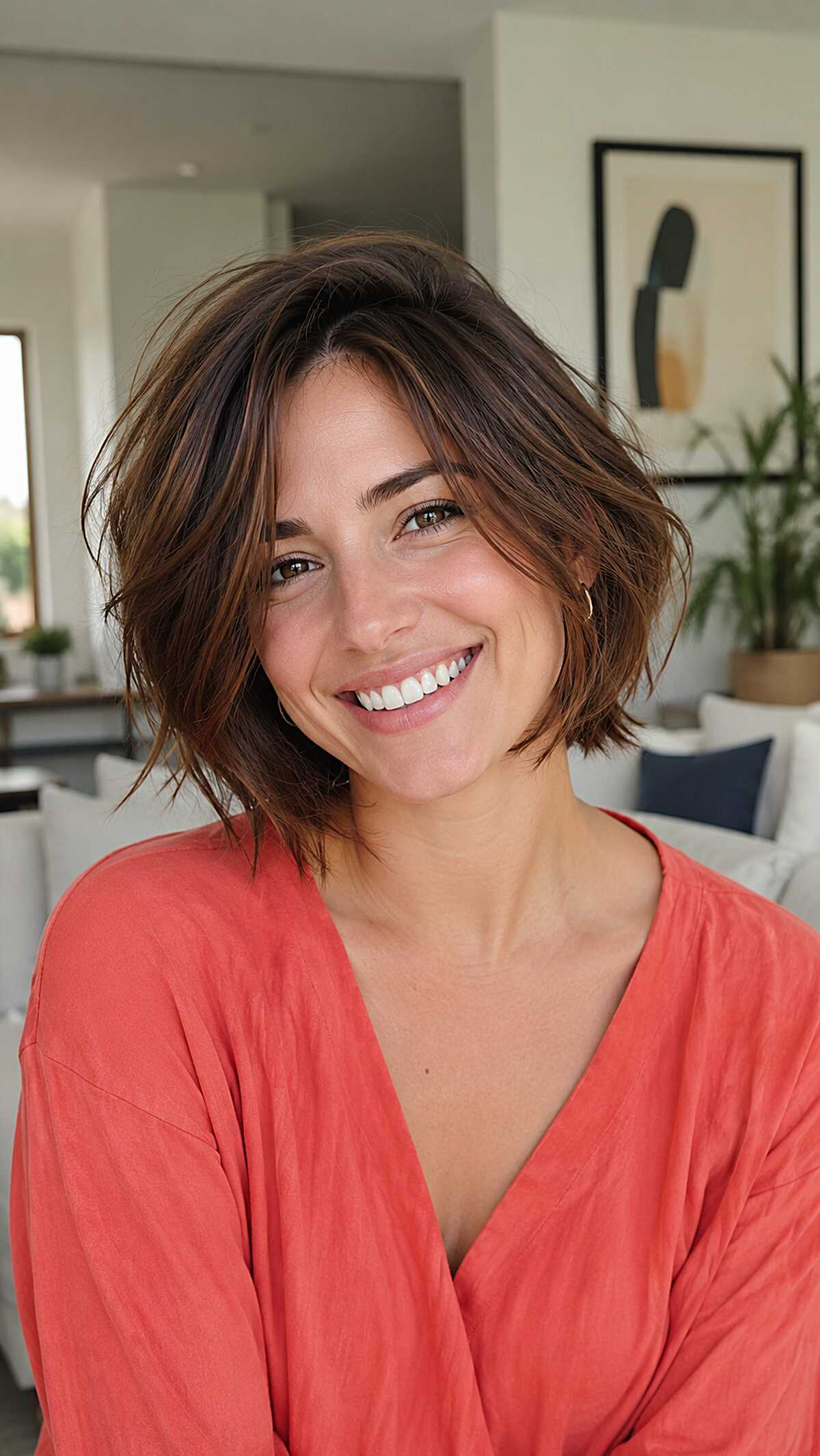 Choppy chin-length brunette frayed bob with highlights