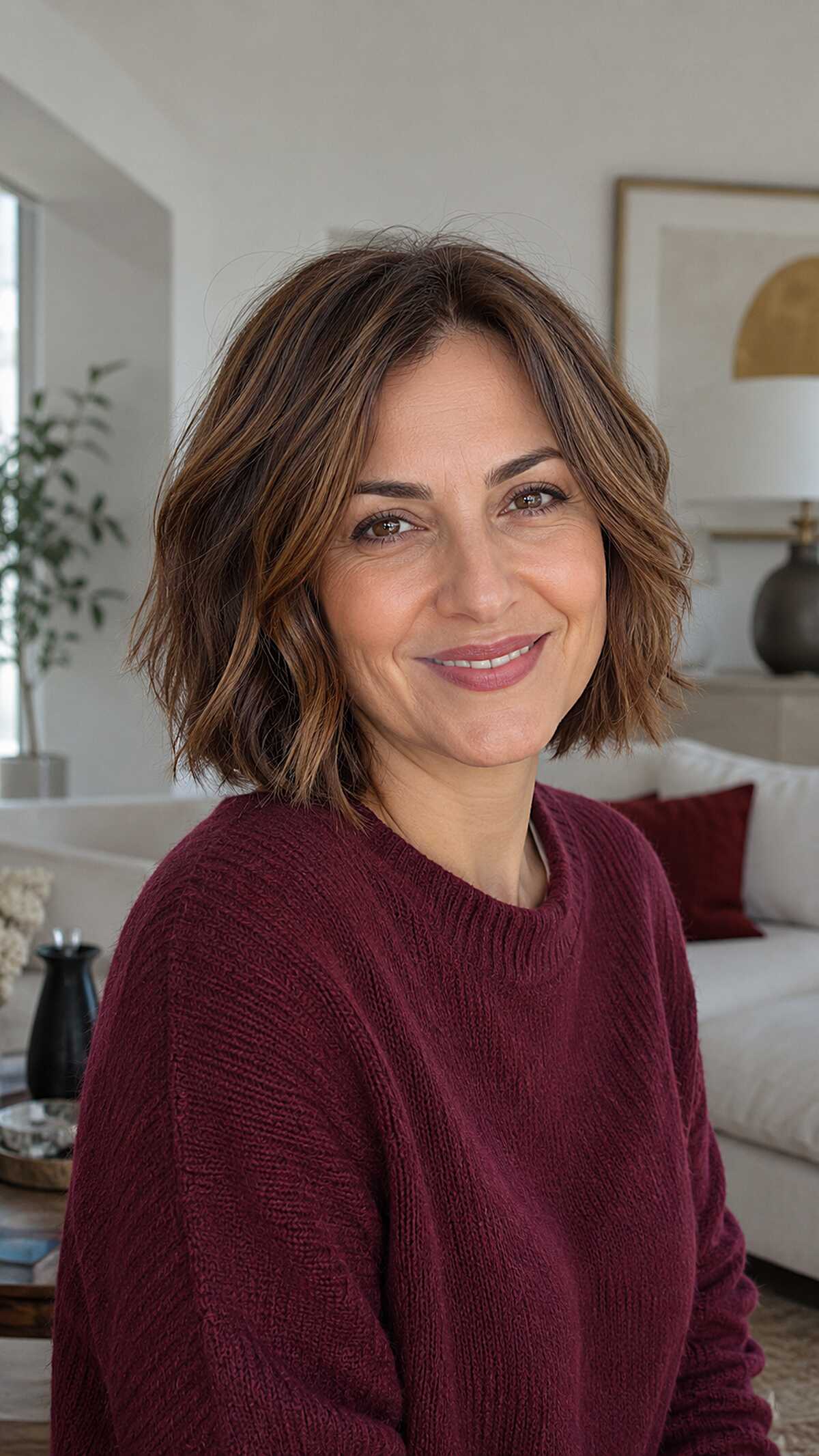Wavy chin-length brunette frayed bob with soft layers