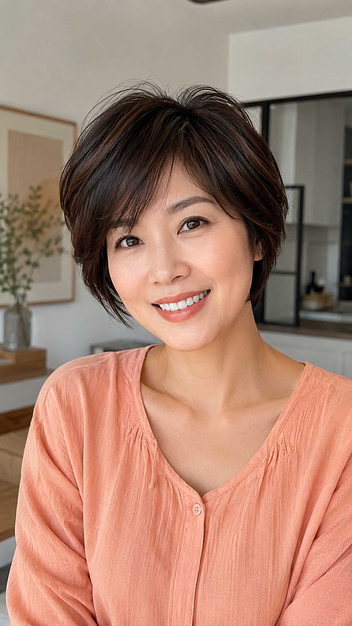 Dark Brunette Bixie with Soft Side-Swept Bangs