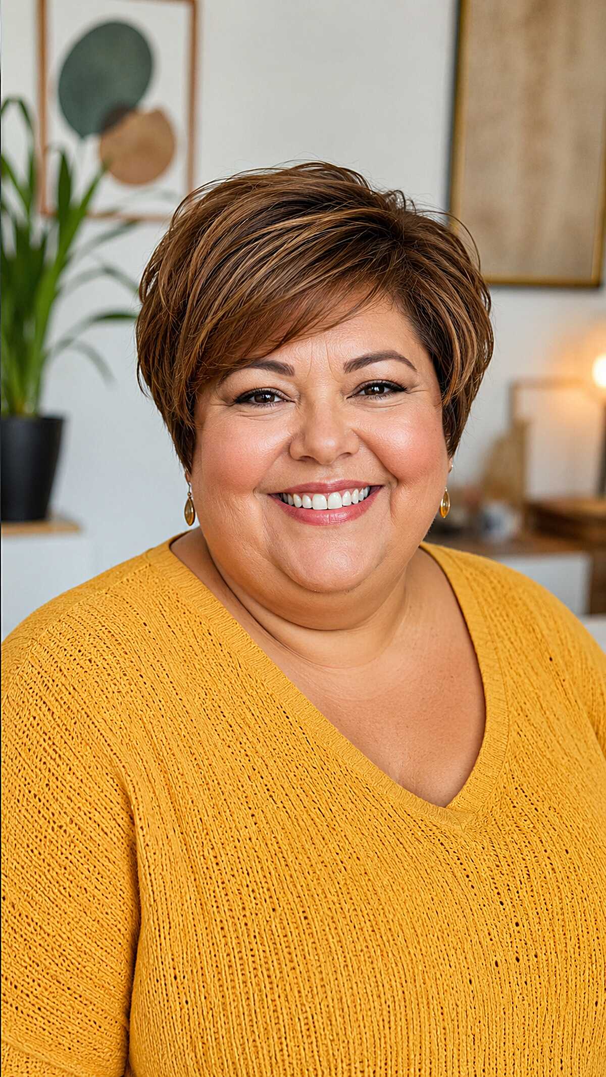 Warm brown pixie bob with golden highlights and side part
