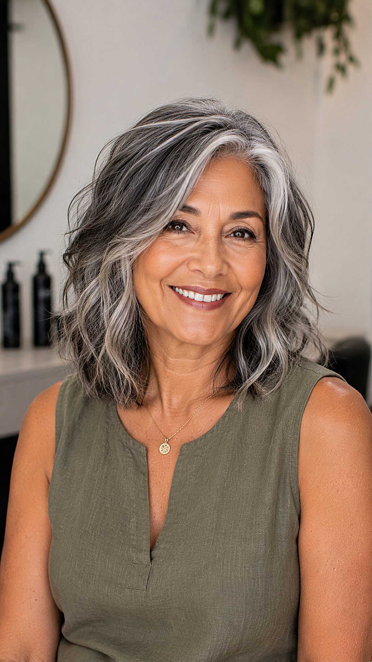 Wavy Collarbone Lob with Bold Silver Money Pieces