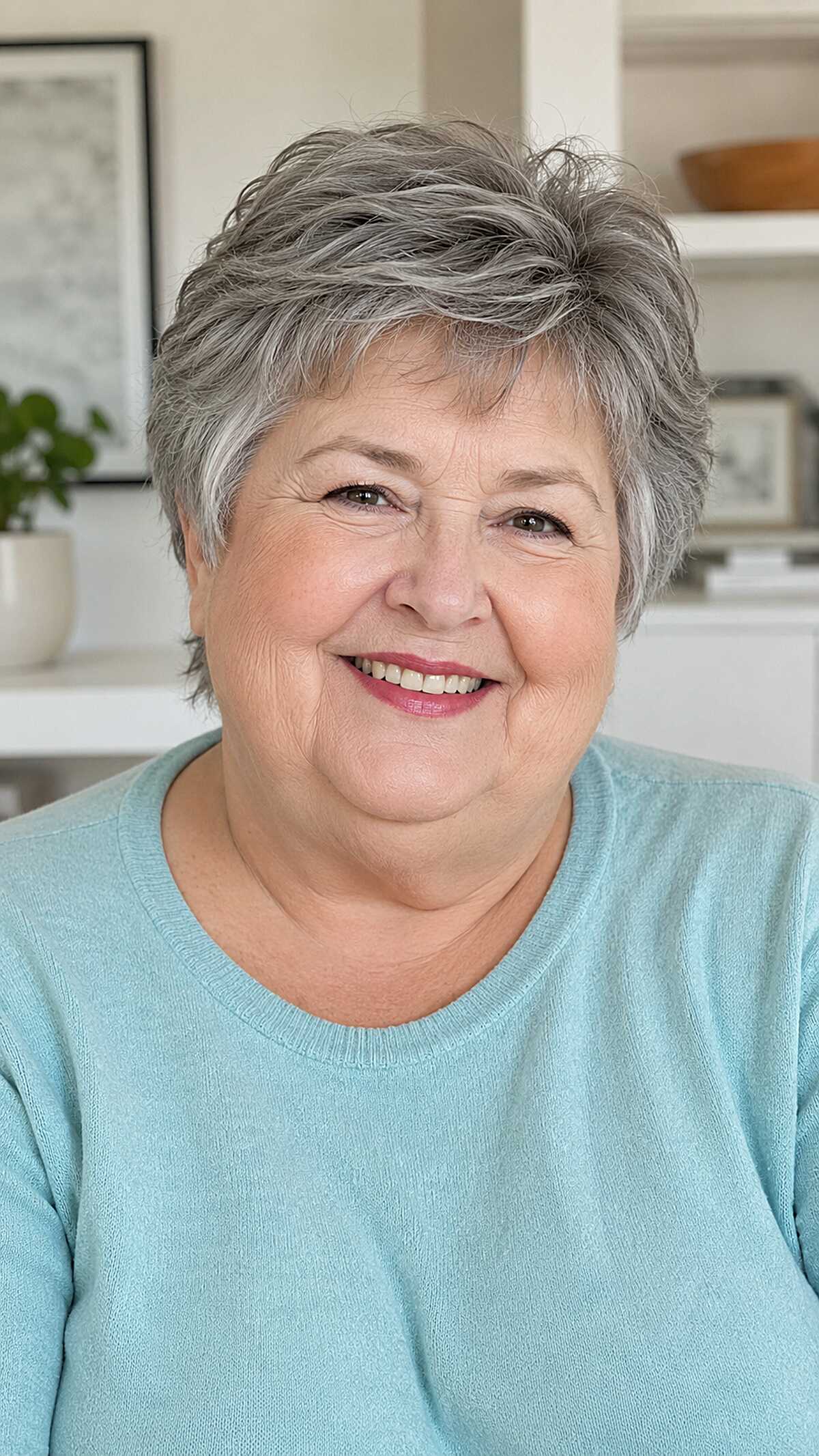 Wavy cropped pixie in charcoal and silver tones