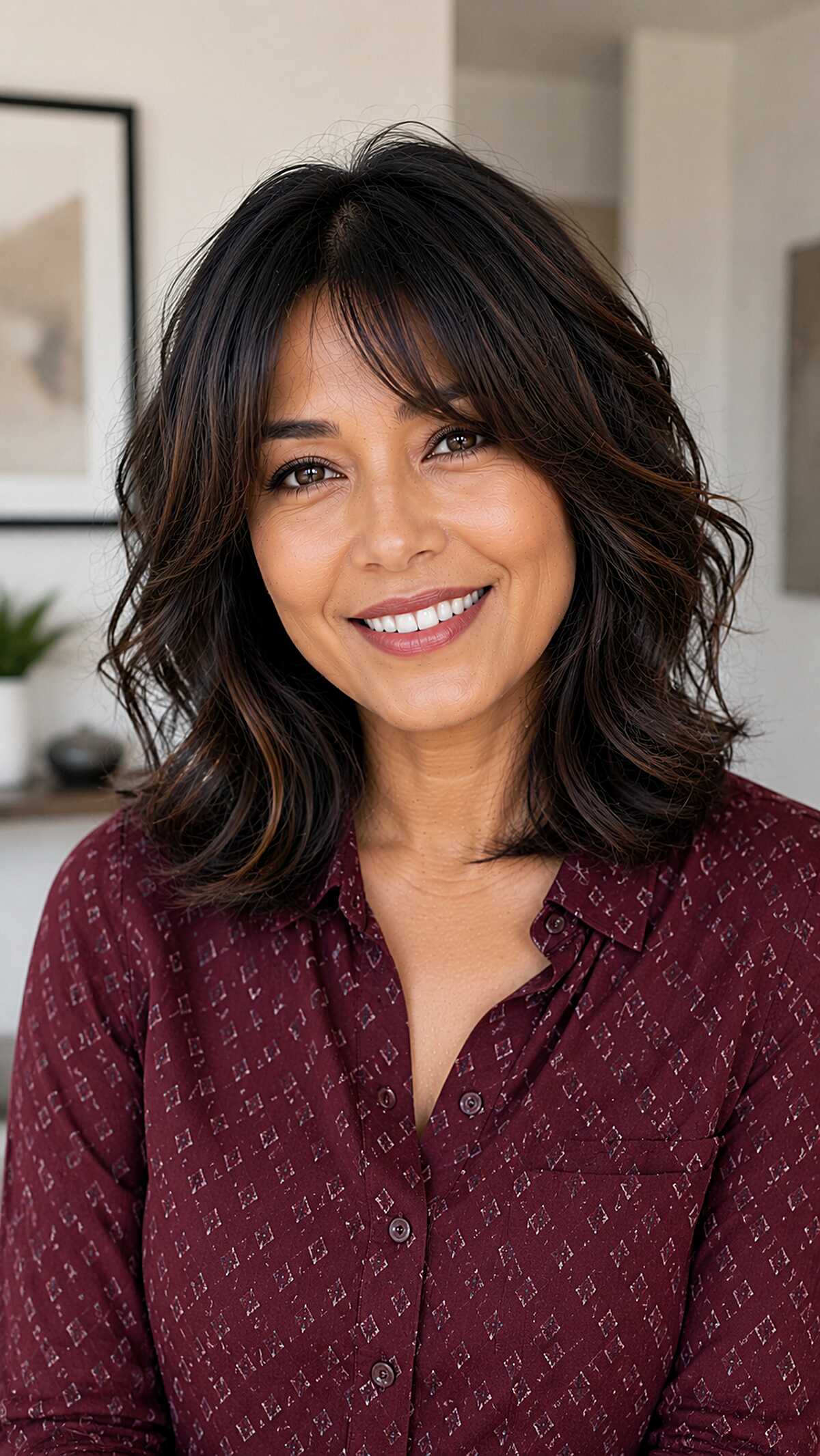 Wavy Dark Brunette Layers with Piece-y Curtain Fringe