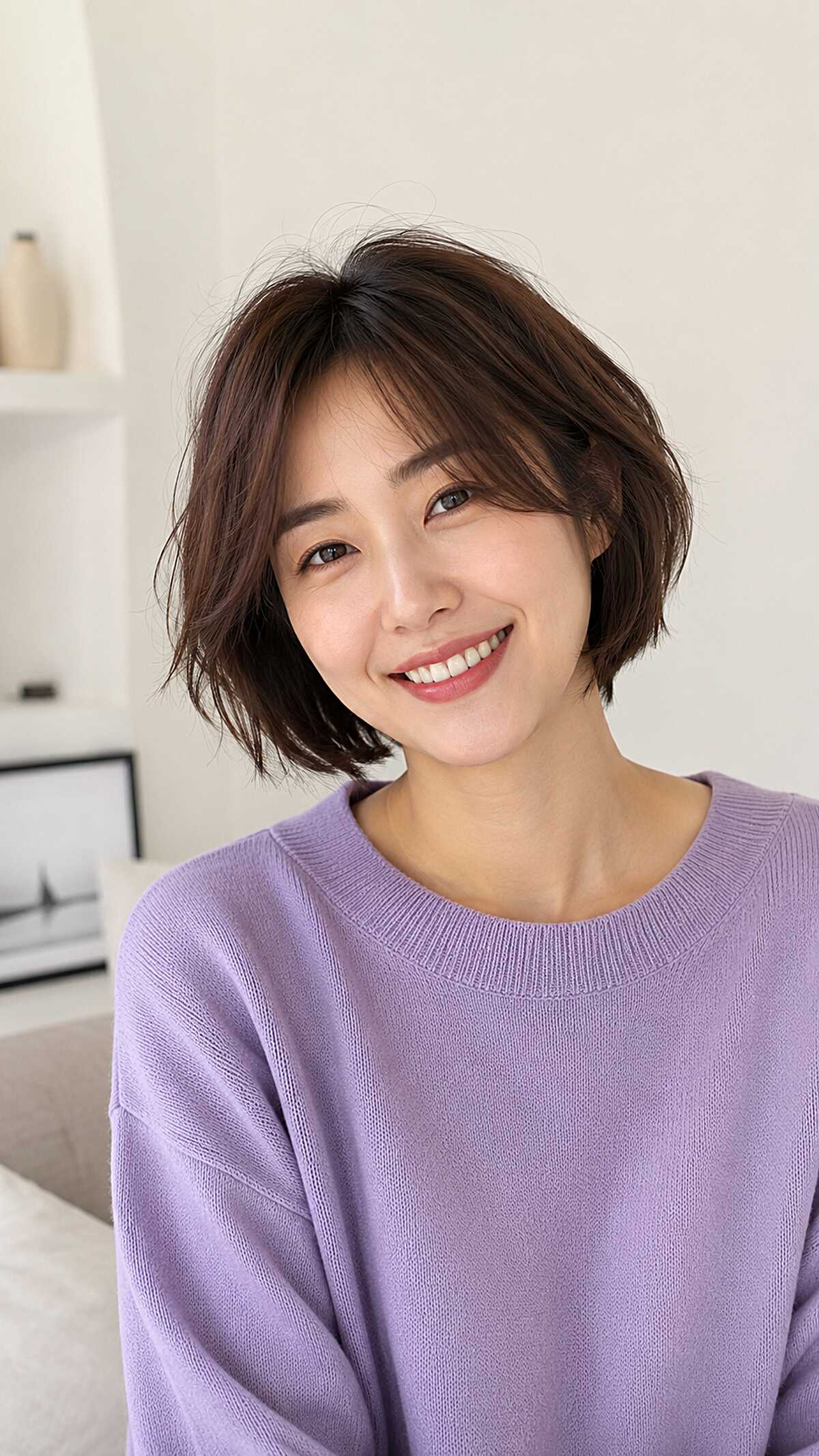 Short wispy dark brown frayed bob with side-swept bang