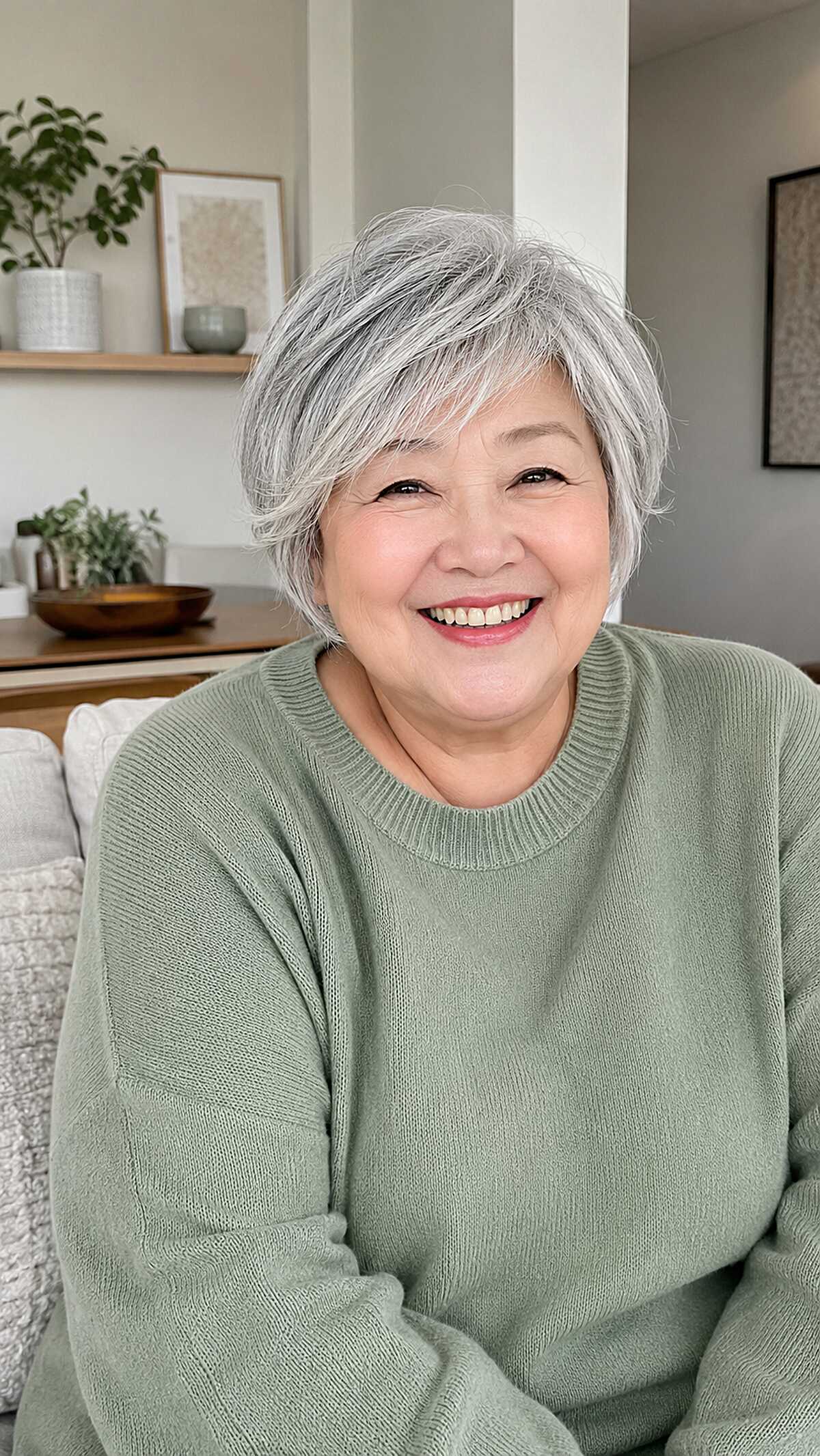 Wispy silver pixie with feathered fringe on round face