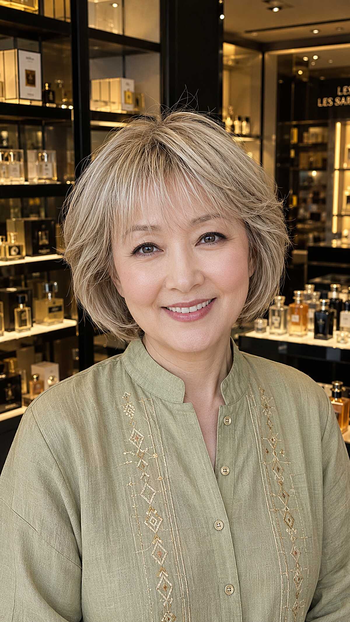 Ash blonde chin-length layered bob with soft wispy bangs