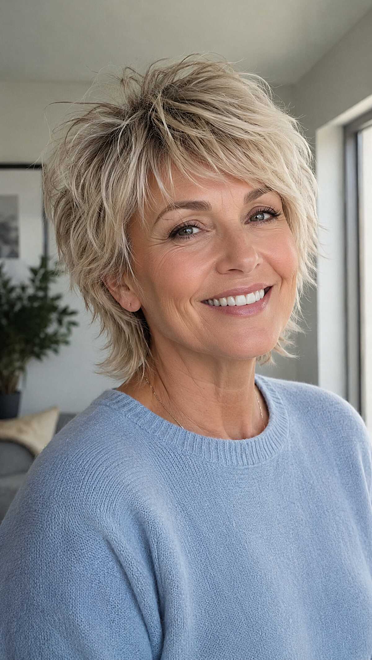 Ash blonde choppy mixie shag with lived-in texture