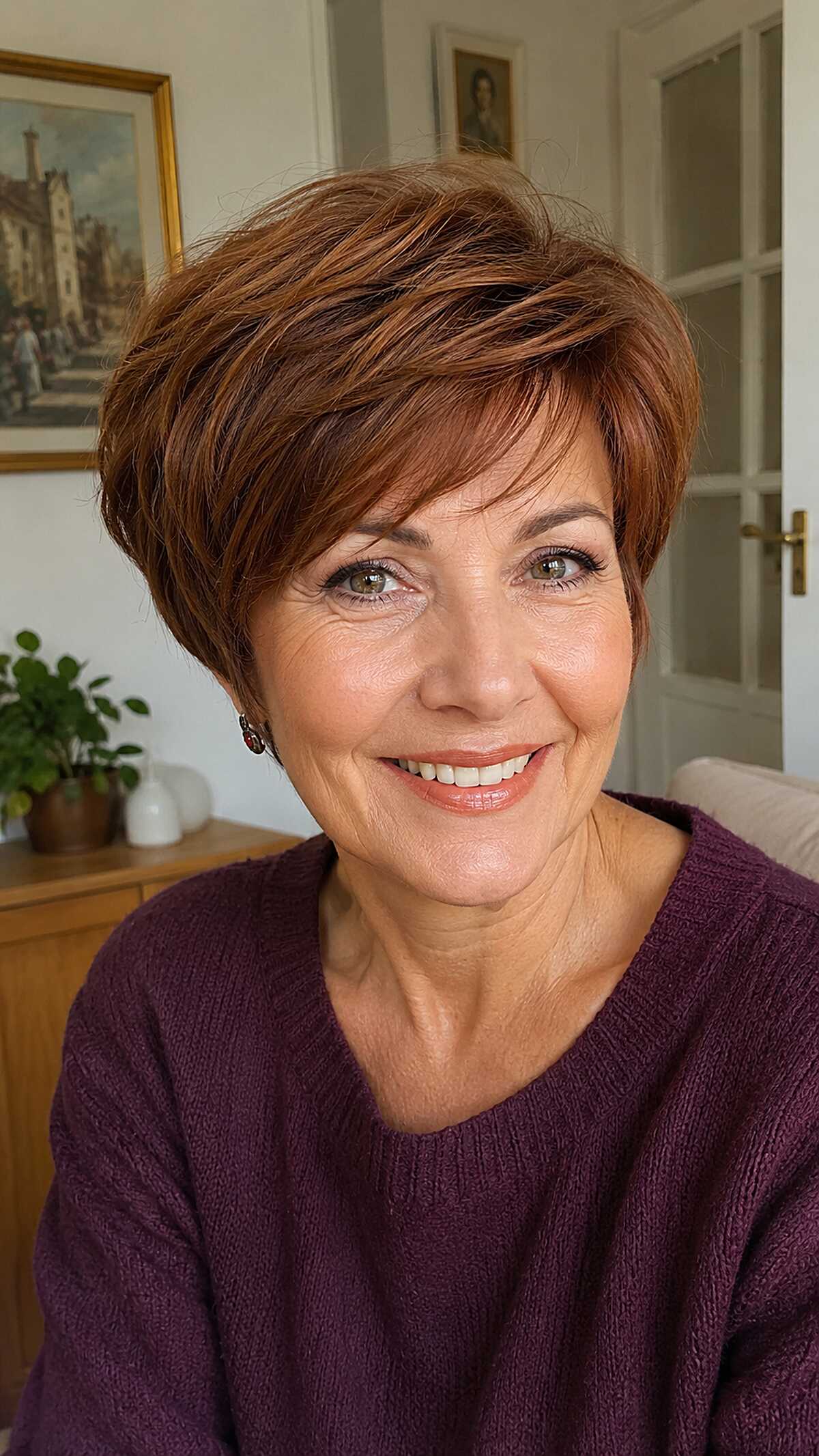 Auburn copper bixie with swept layers and volume