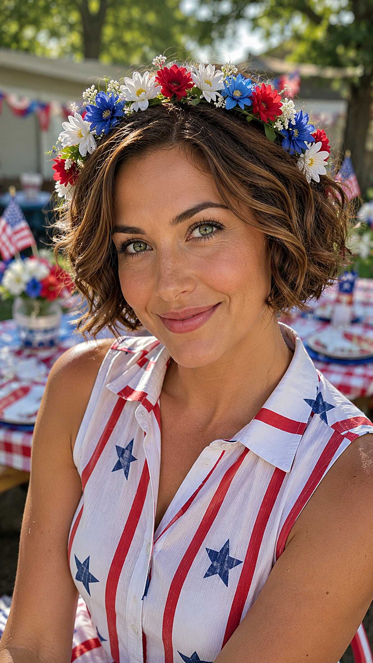 Short wavy bob with red white and blue flower crown