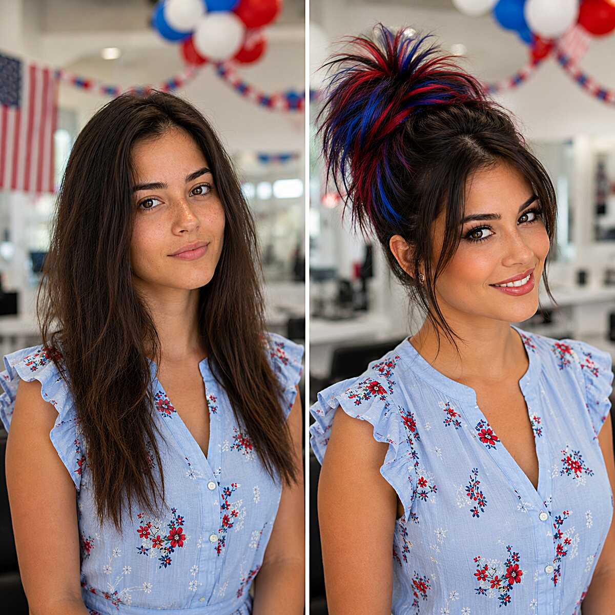 Before and after showing long dark hair styled into colorful bun